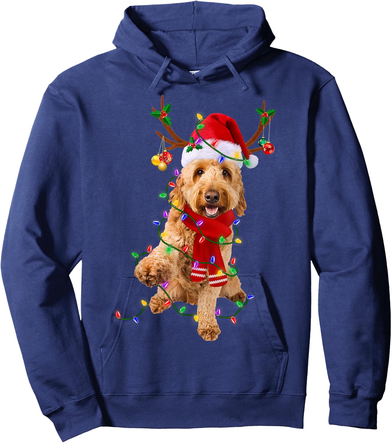Funny Goldendoodle Dog Tree Christmas Lights Pajama Men Women Kids Hoodie - Hoodie | Navy