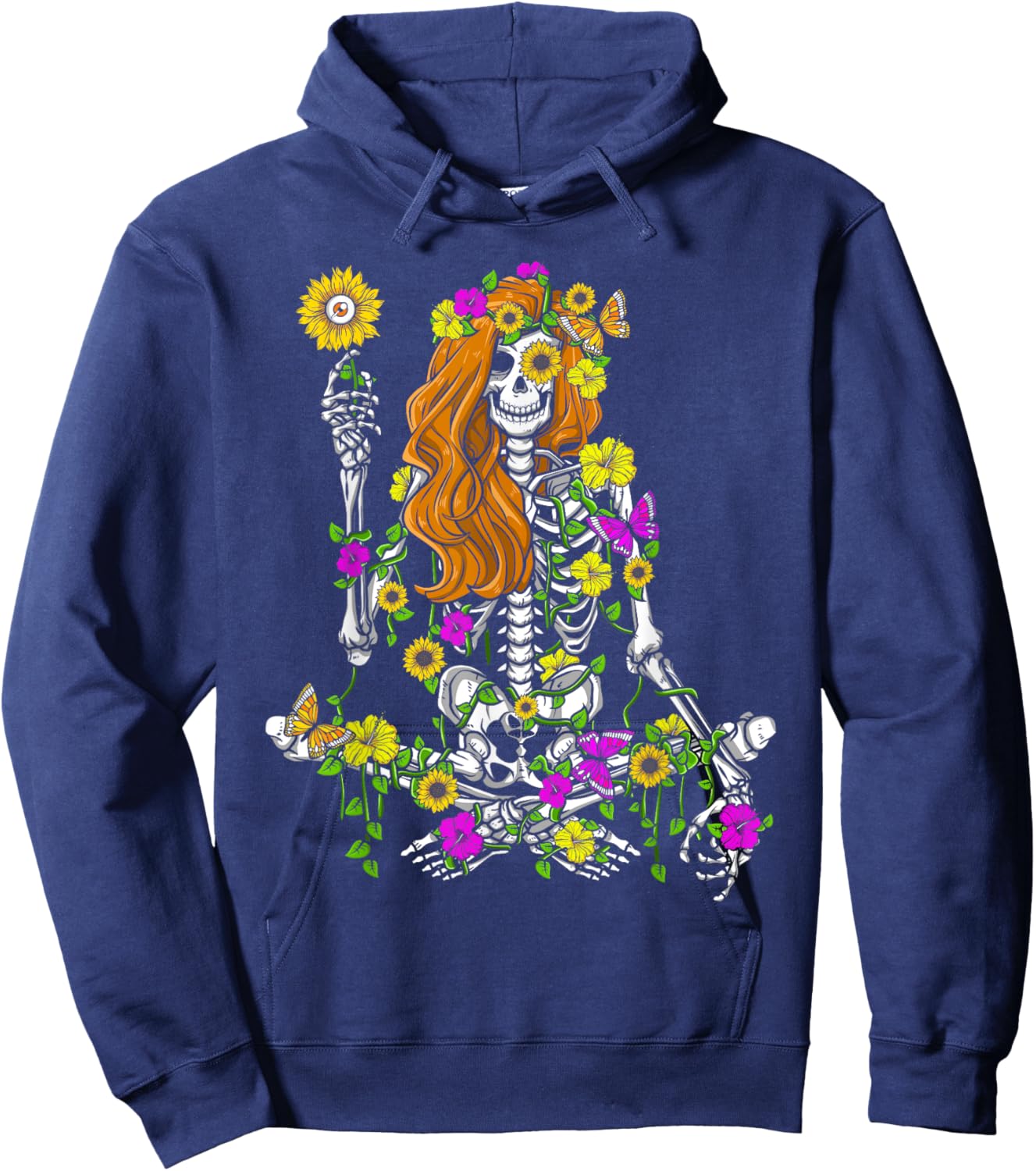 Skeleton Hippie Flowers Sunflower Lover Women Halloween Hoodie - Hoodie | Navy
