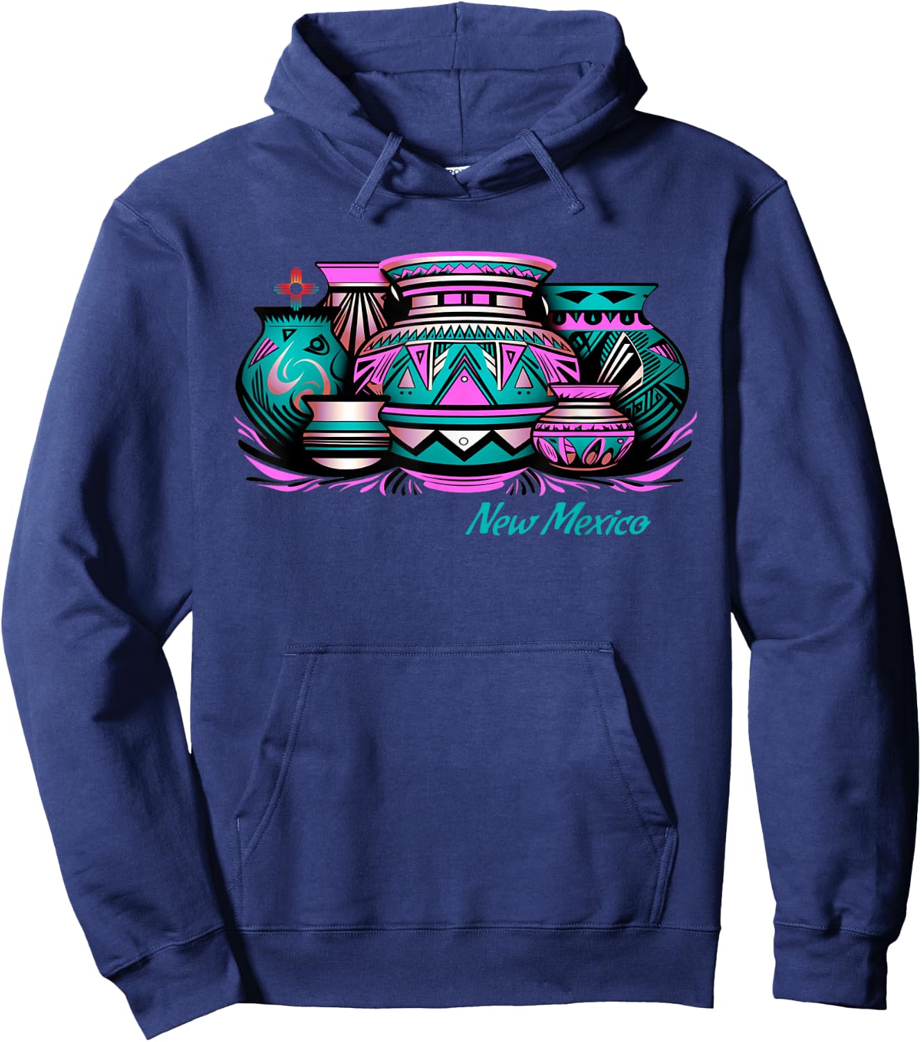 New Mexico Retro: Native Pottery & Zia Symbol Graphic Hoodie - Hoodie | Navy