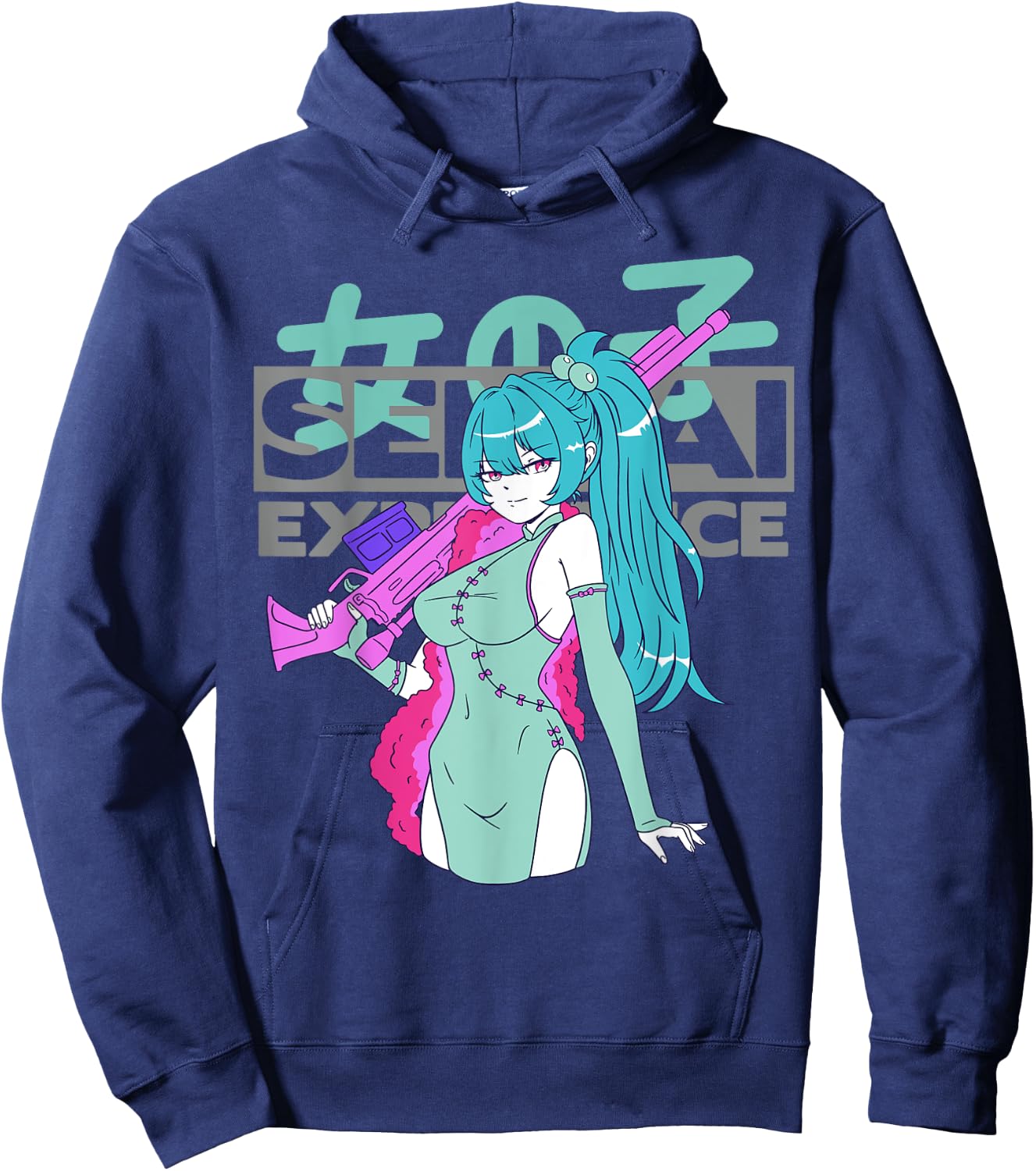 Sexy Waifu Anime Girl with Sniper Rifle and Blue Hair Senpai Hoodie - Hoodie | Navy
