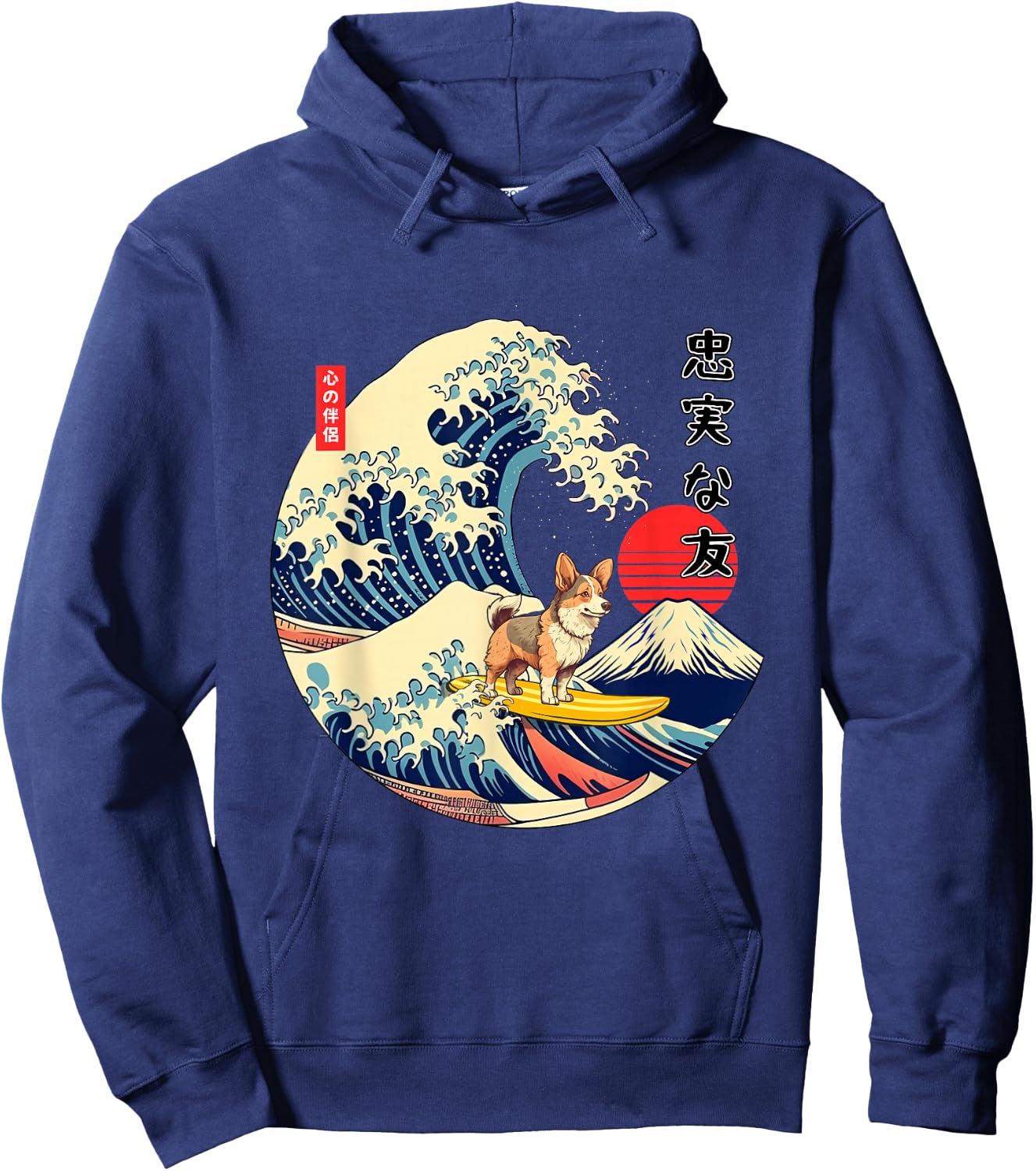 Tri Color Corgi Japanese Kanagawa Wave Surf Loyal Dog Hoodie - Hoodie | Navy