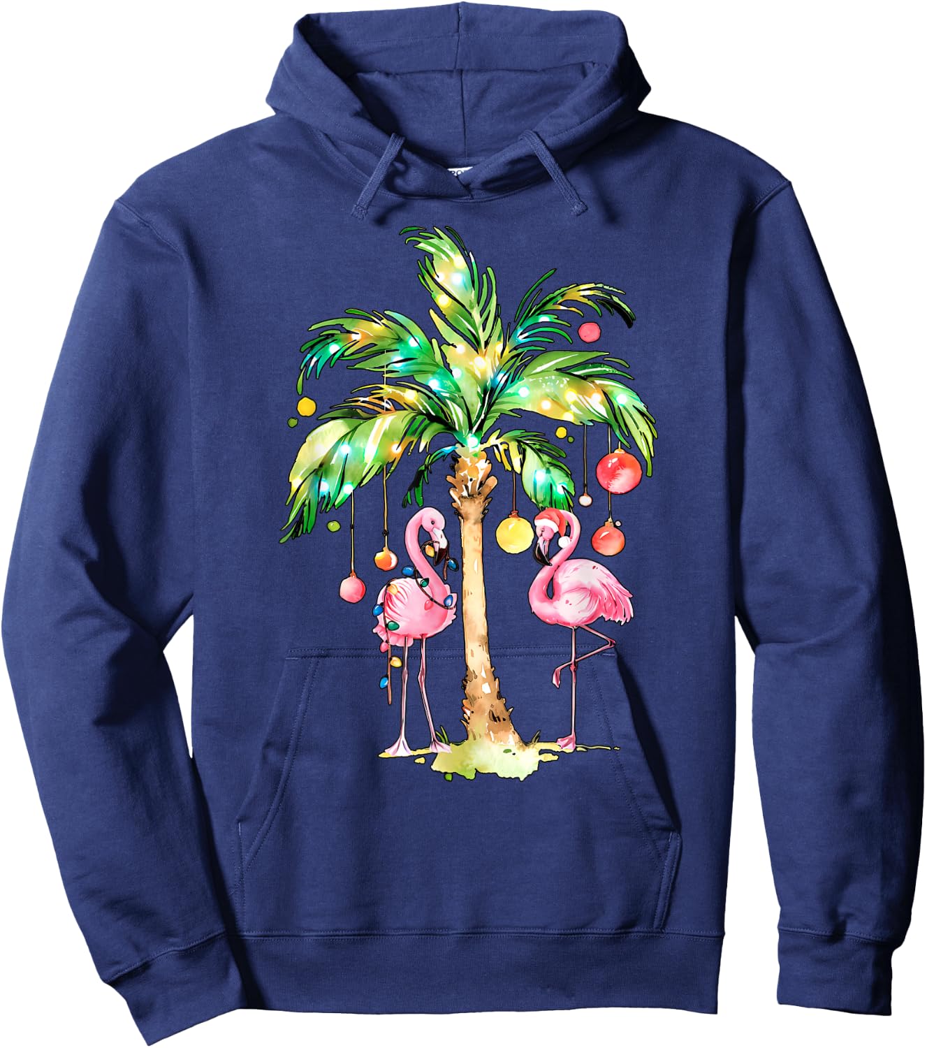 Pink Flamingo Christmas Palm Tree Tropical Xmas Holiday Hoodie - Hoodie | Navy