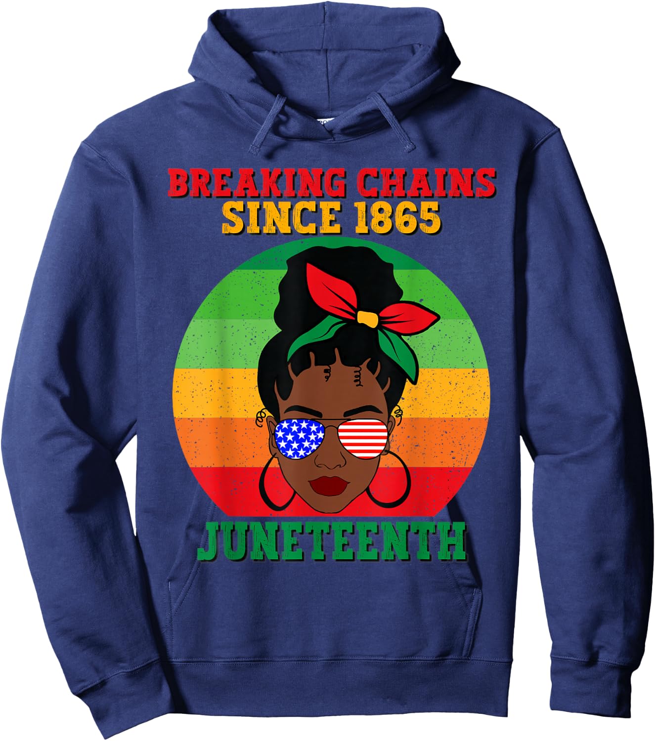 Messy Bun Juneteenth Breaking Chains Bandana Afro Sunglasses Hoodie - Hoodie | Navy
