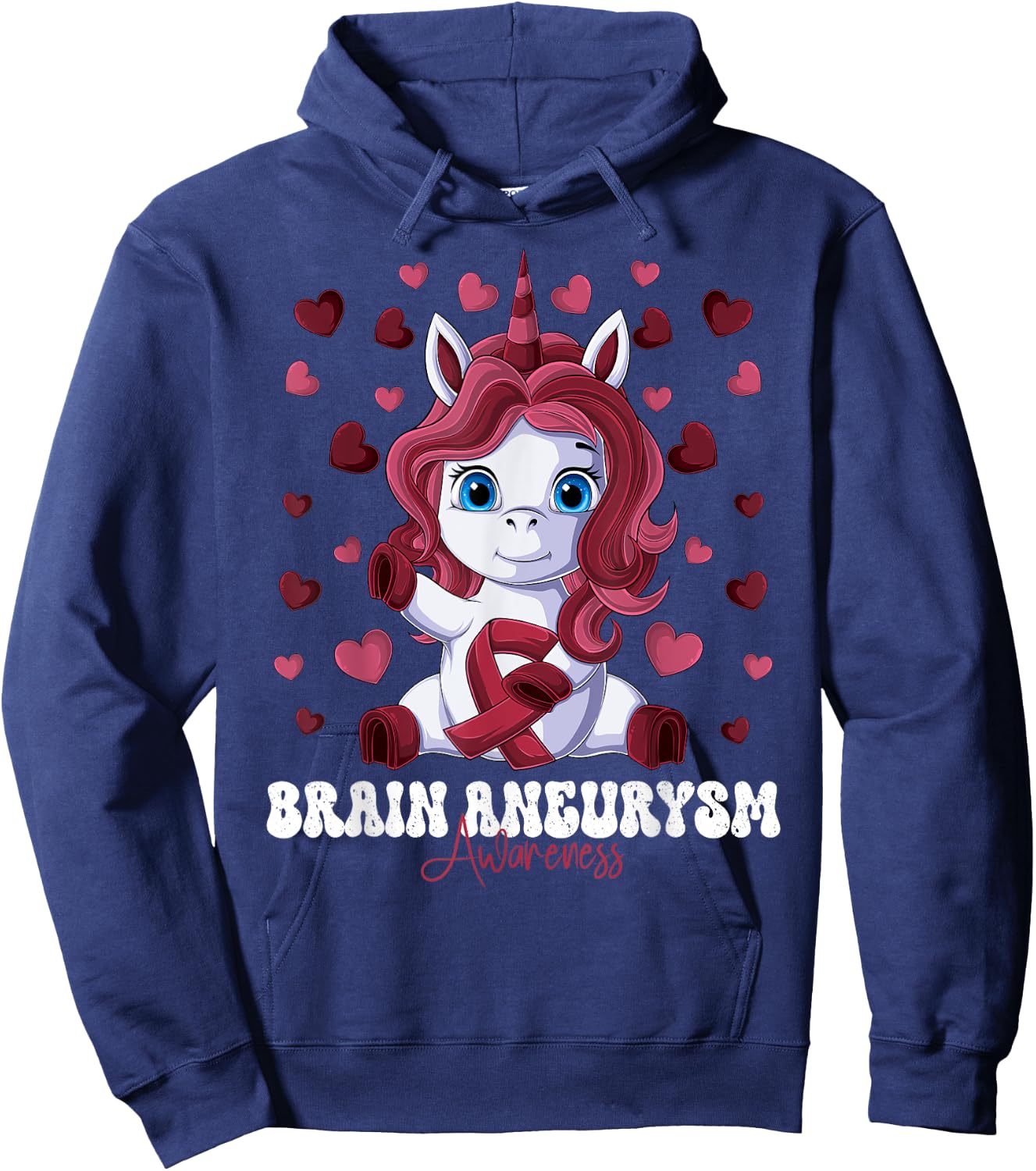 Brain Aneurysm Awareness Month Burgundy Ribbon Unicorn Hoodie - Hoodie | Navy