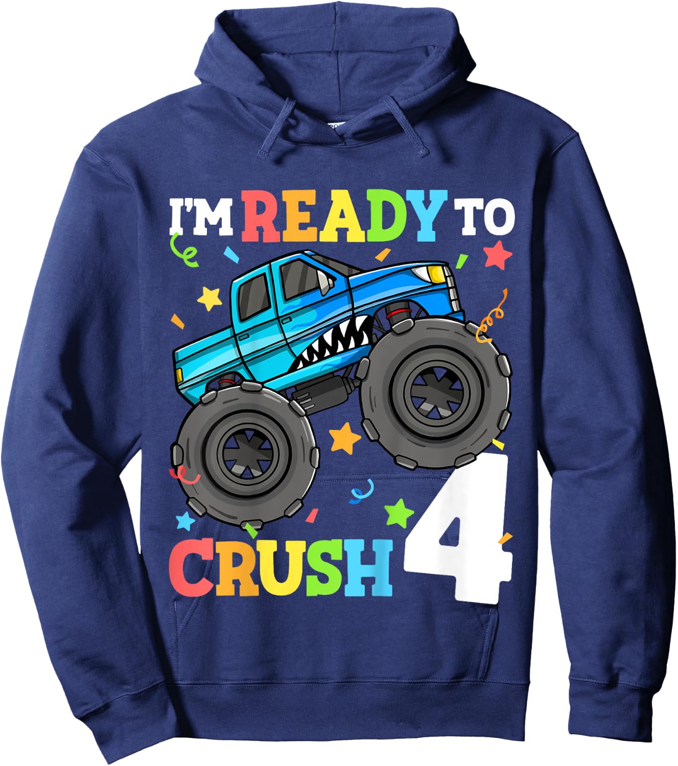 Kids Monster Truck Shark 4th Birthday Boy Toddler 4 Four Year Old Hoodie - Hoodie | Navy