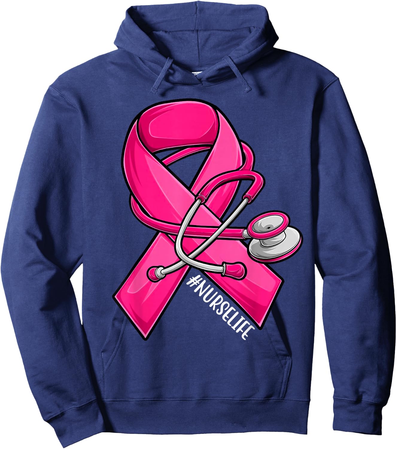 Pink Ribbon Stethoscope Nurse Life Breast Cancer Awareness Hoodie - Hoodie | Navy