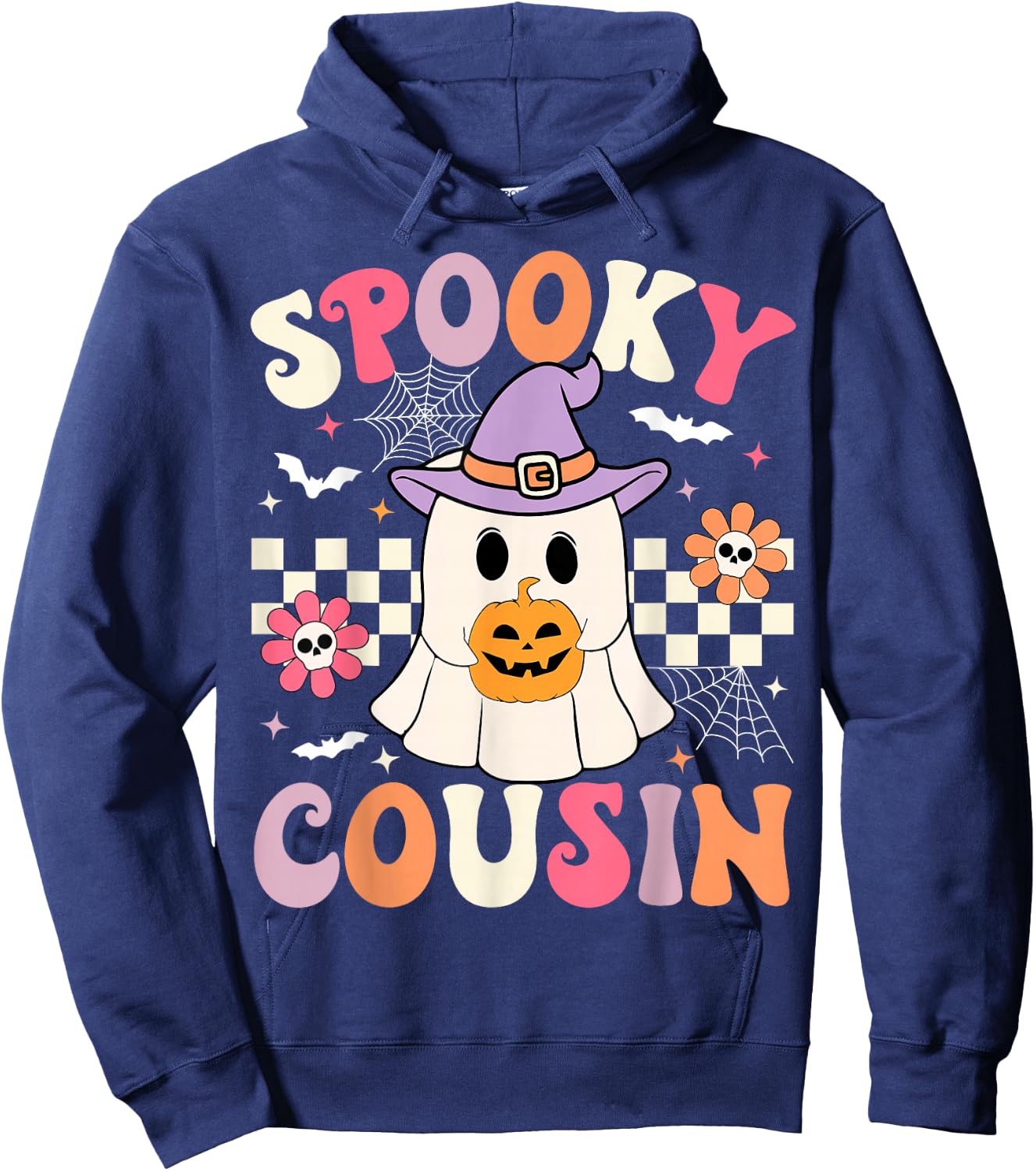 Groovy Spooky Cousin Retro Ghost Holding Pumpkin Halloween Hoodie - Hoodie | Navy