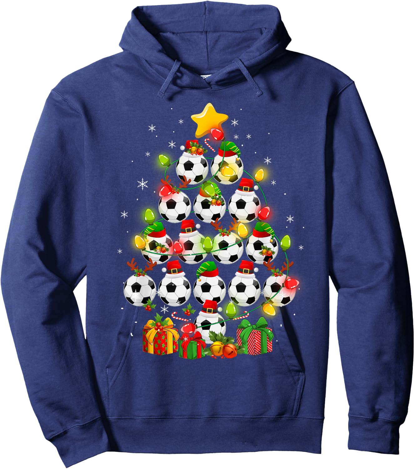 Soccer Balls Santa Elf Hat Christmas Tree Lights Ornaments Hoodie - Hoodie | Navy
