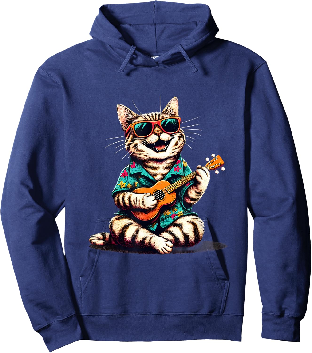 Cat Wearing a Hawaiian Shirt, Playing a Ukulele Hoodie - Hoodie | Navy