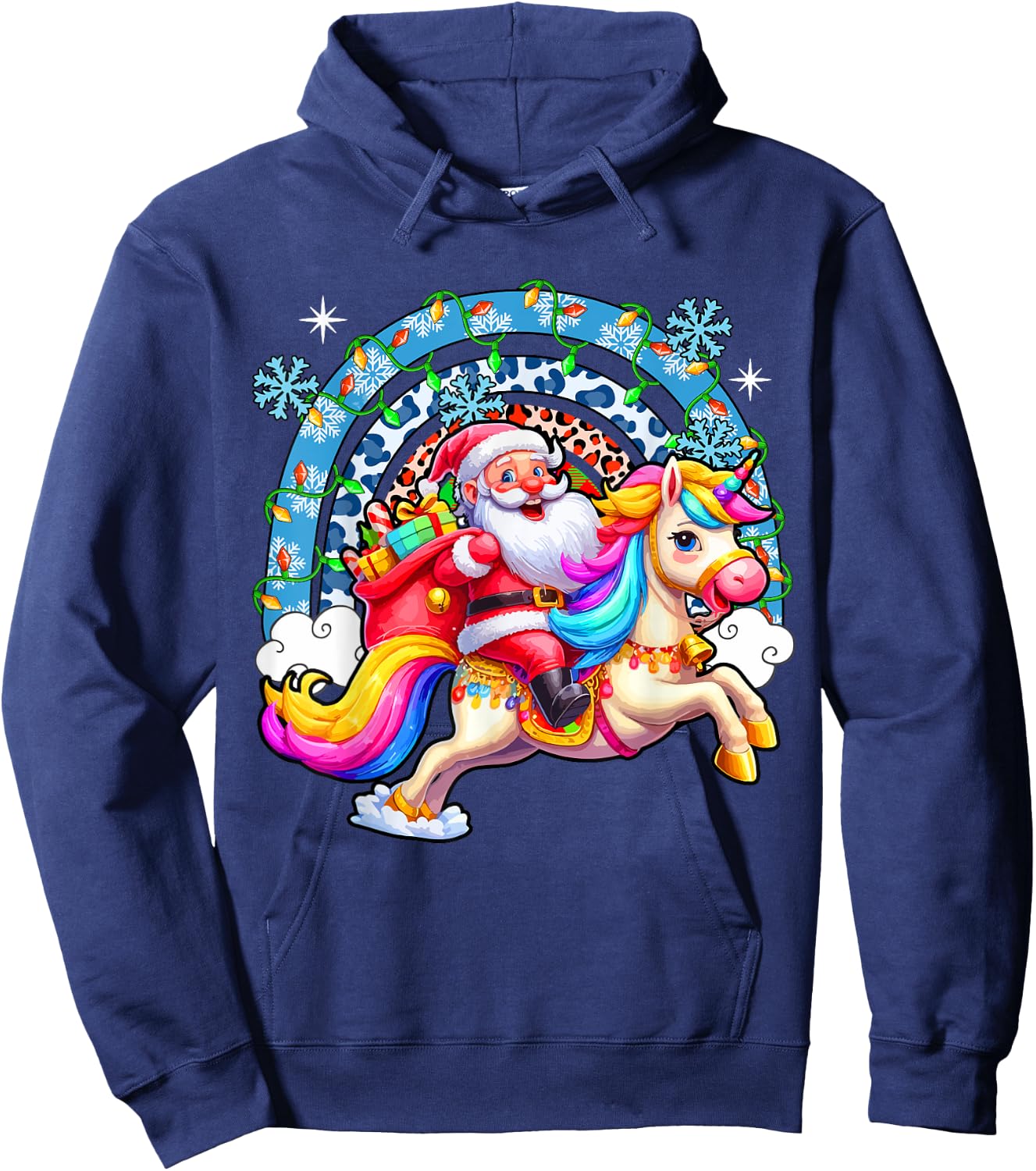 Santa Riding Colourful Unicorn Christmas Rainbow Xmas Lights Hoodie - Hoodie | Navy