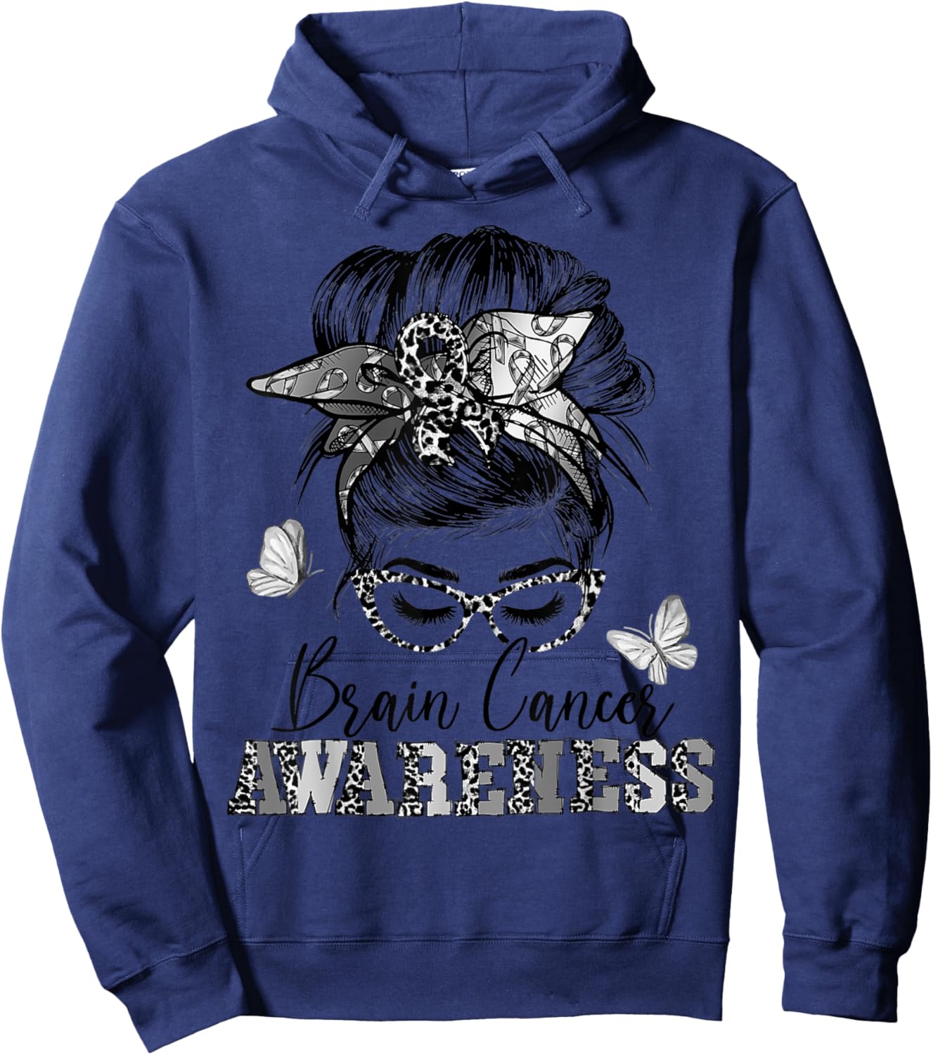 Messy Hair Bun Gray Ribbon Brain Cancer Awareness Hoodie - Hoodie | Navy