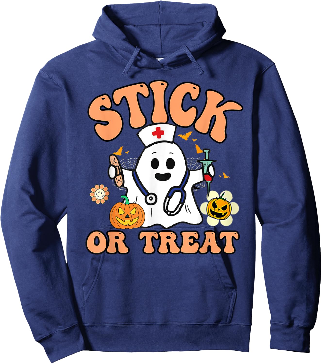 Groovy Stick Or Treat Funny Halloween Nurse Hoodie - Hoodie | Navy