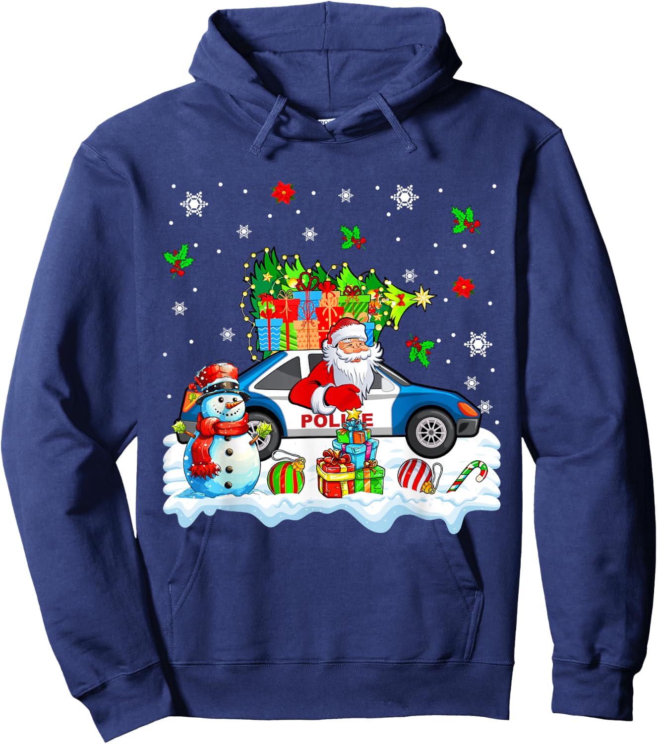 Santa Carrying Christmas Tree On Police Car Snowman Driver Hoodie - Hoodie | Navy