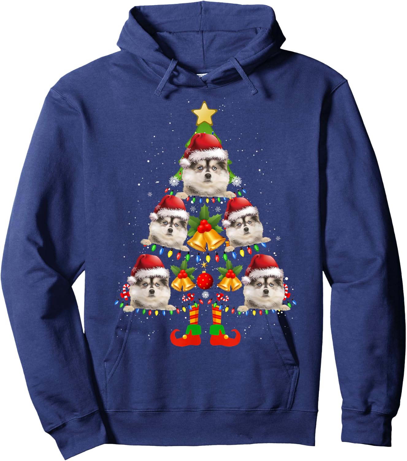Funny Pomsky Christmas Lights Tree Dog Lover Xmas Hoodie - Hoodie | Navy