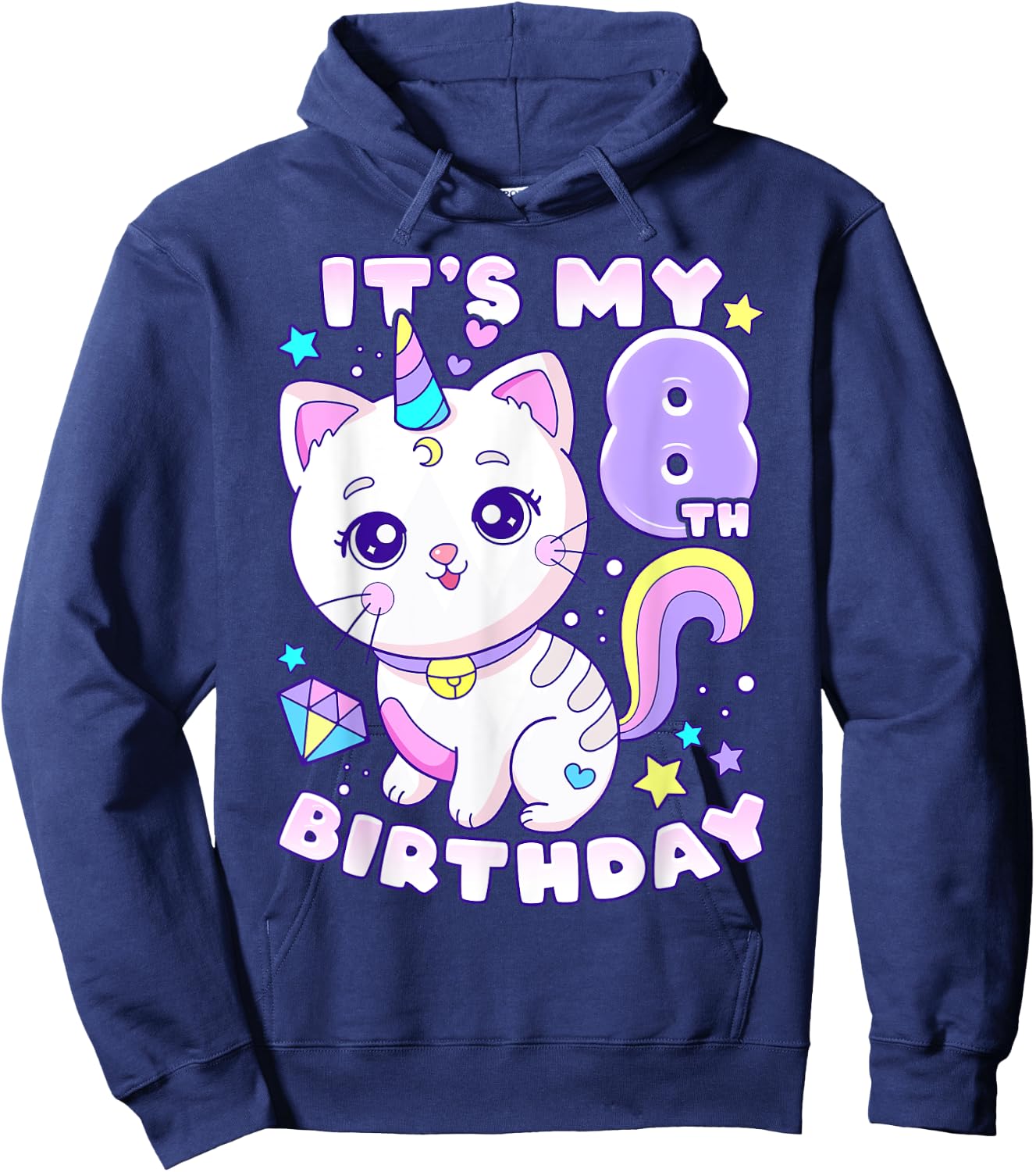 Birthday girl 8 years old, cat, unicorn, 8th birthday Hoodie - Hoodie | Navy