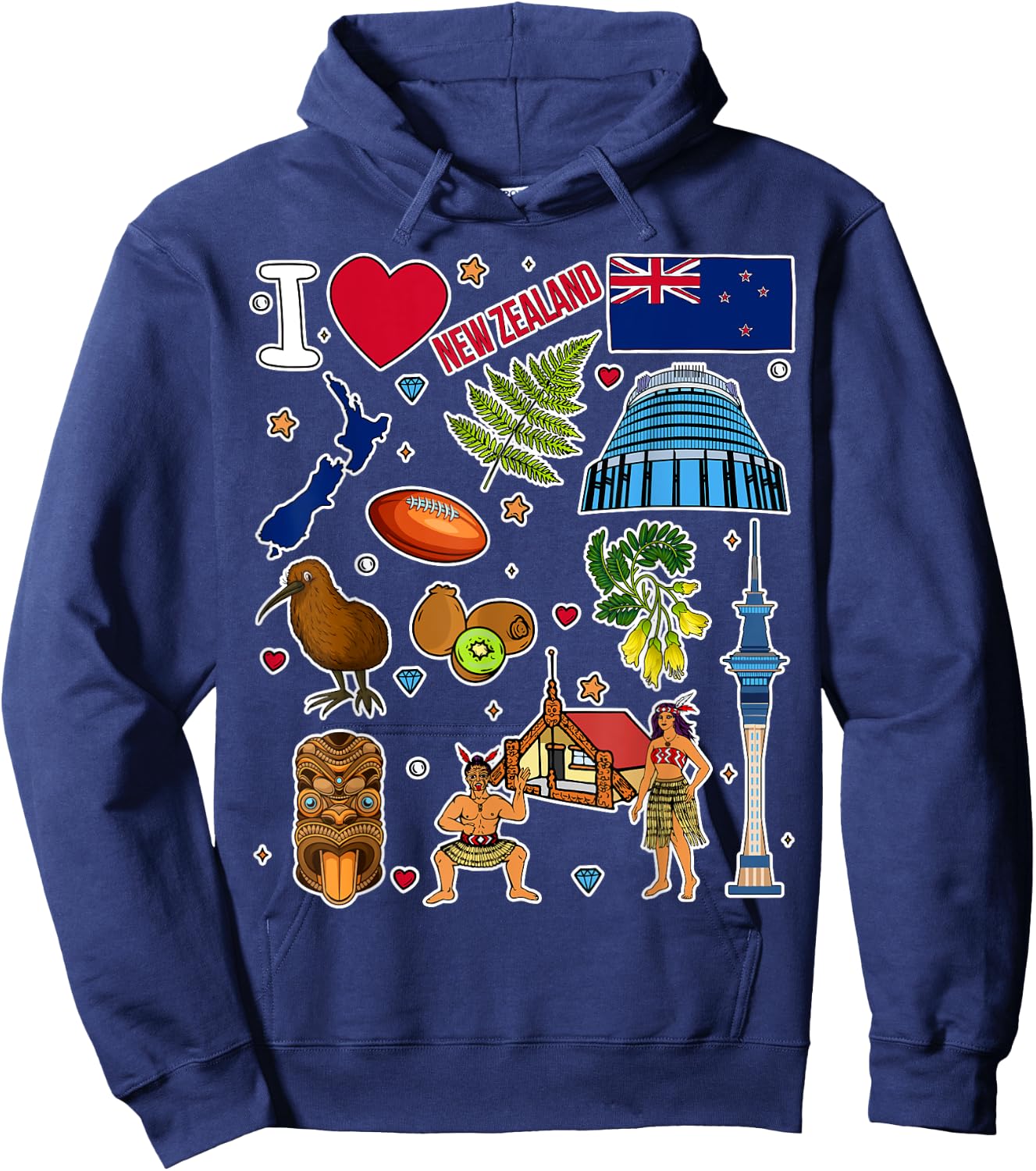NZ hand drawn symbols, New Zealand map, cultural icons Hoodie - Hoodie | Navy