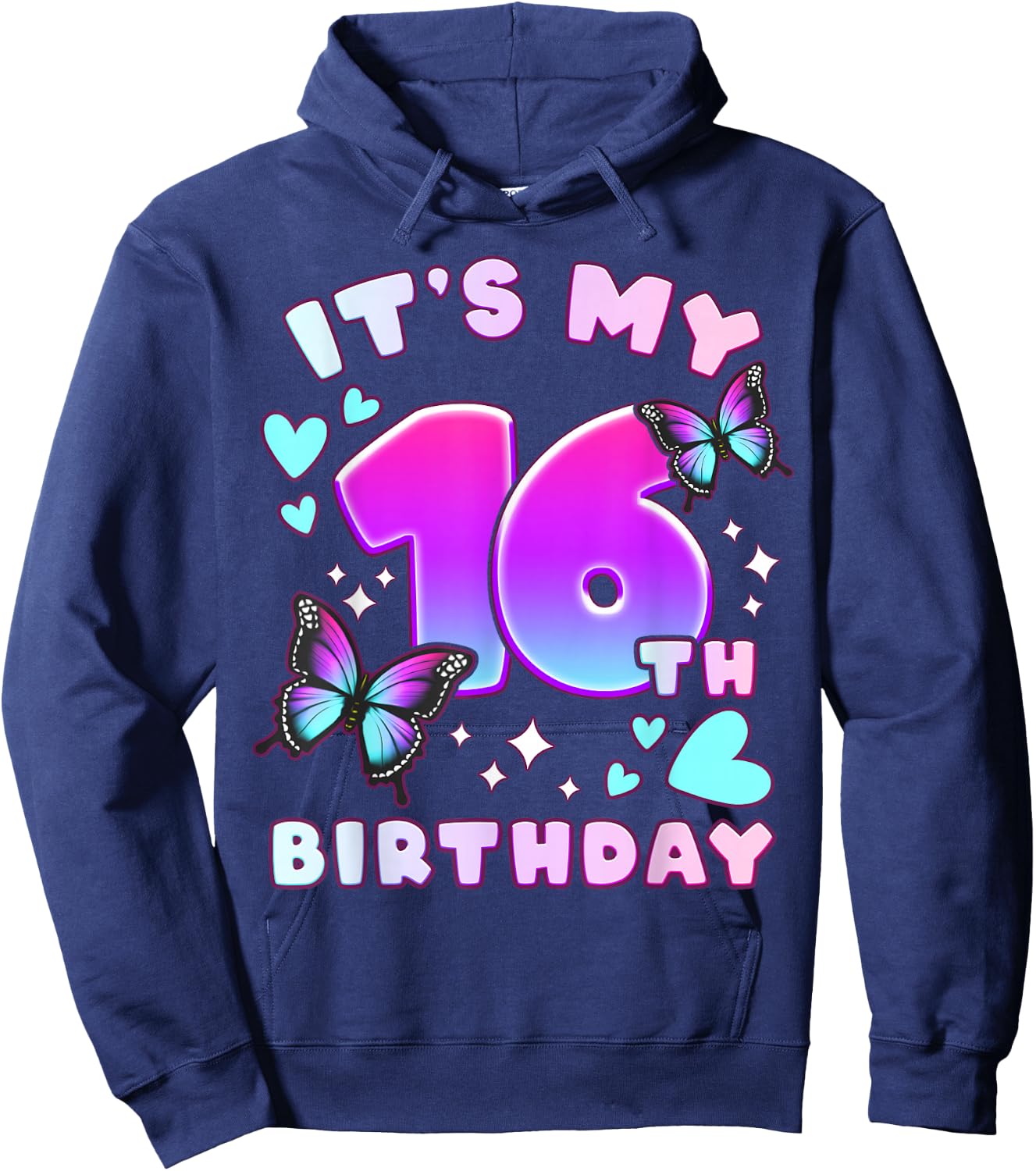 16th Birthday, Girl 16 years, Butterflies and Number 16 Hoodie - Hoodie | Navy