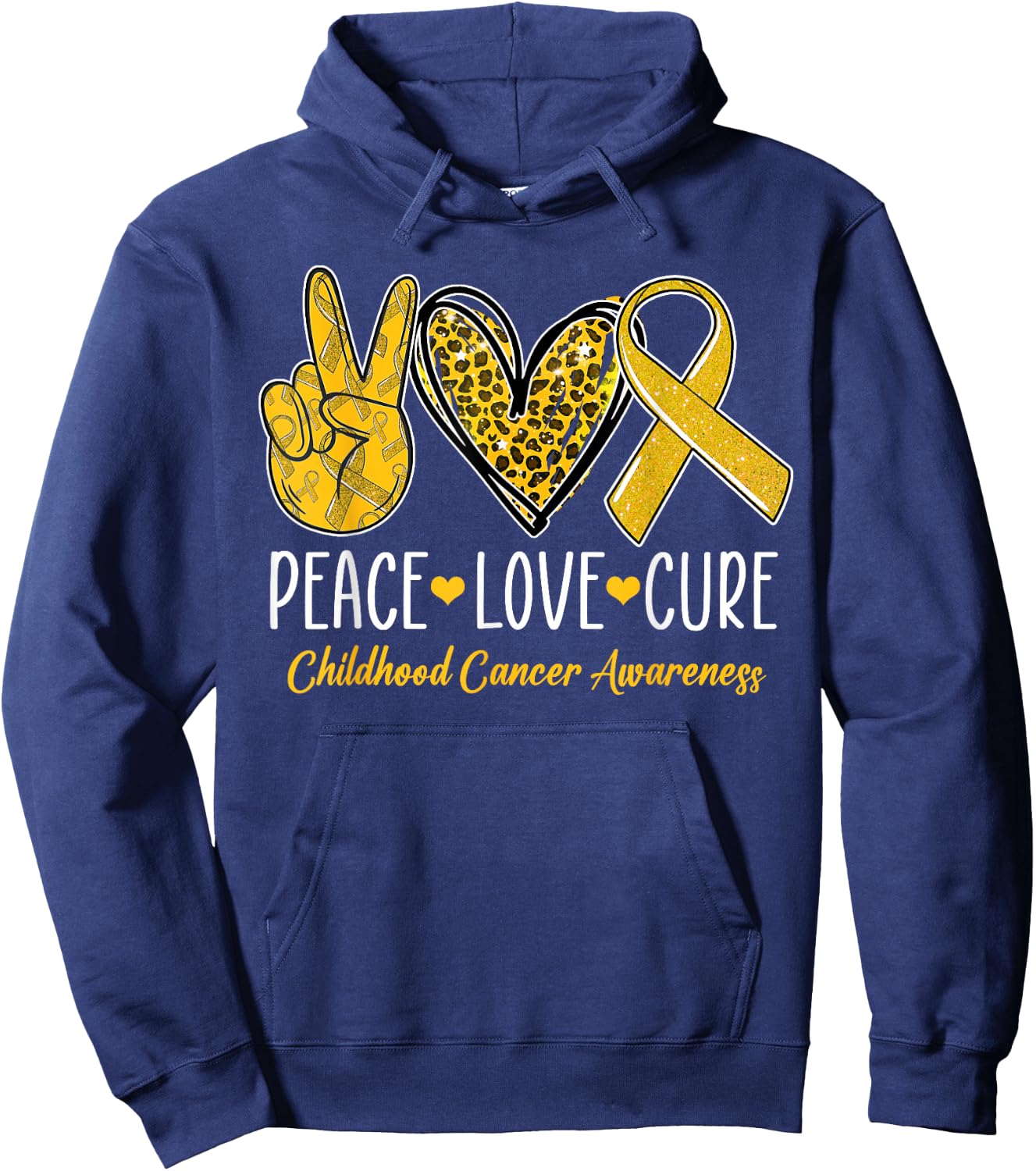 Peace Love Cure Childhood Cancer Awareness Gold Ribbon Hoodie - Hoodie | Navy