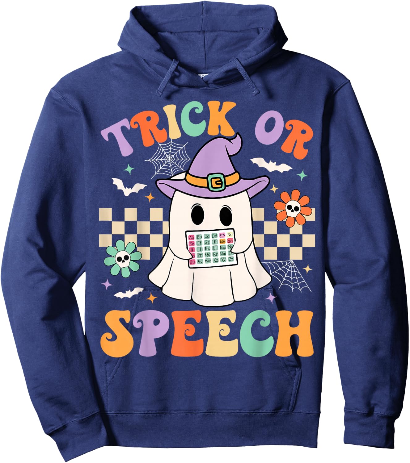 Trick or Speech Retro SLP Halloween Speech Therapy Halloween Hoodie - Hoodie | Navy