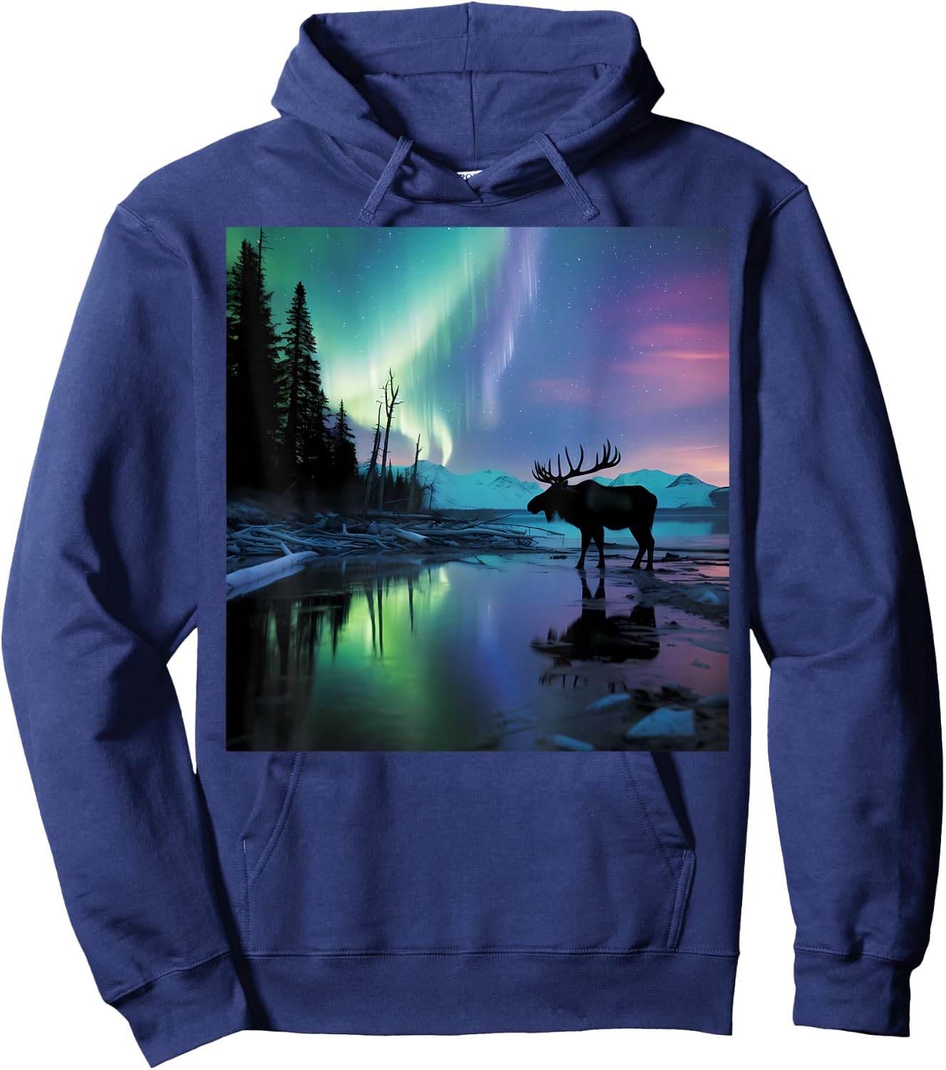 Alaska Aurora Borealis Moose Aesthetic Core Photo Souvenir Hoodie - Hoodie | Navy
