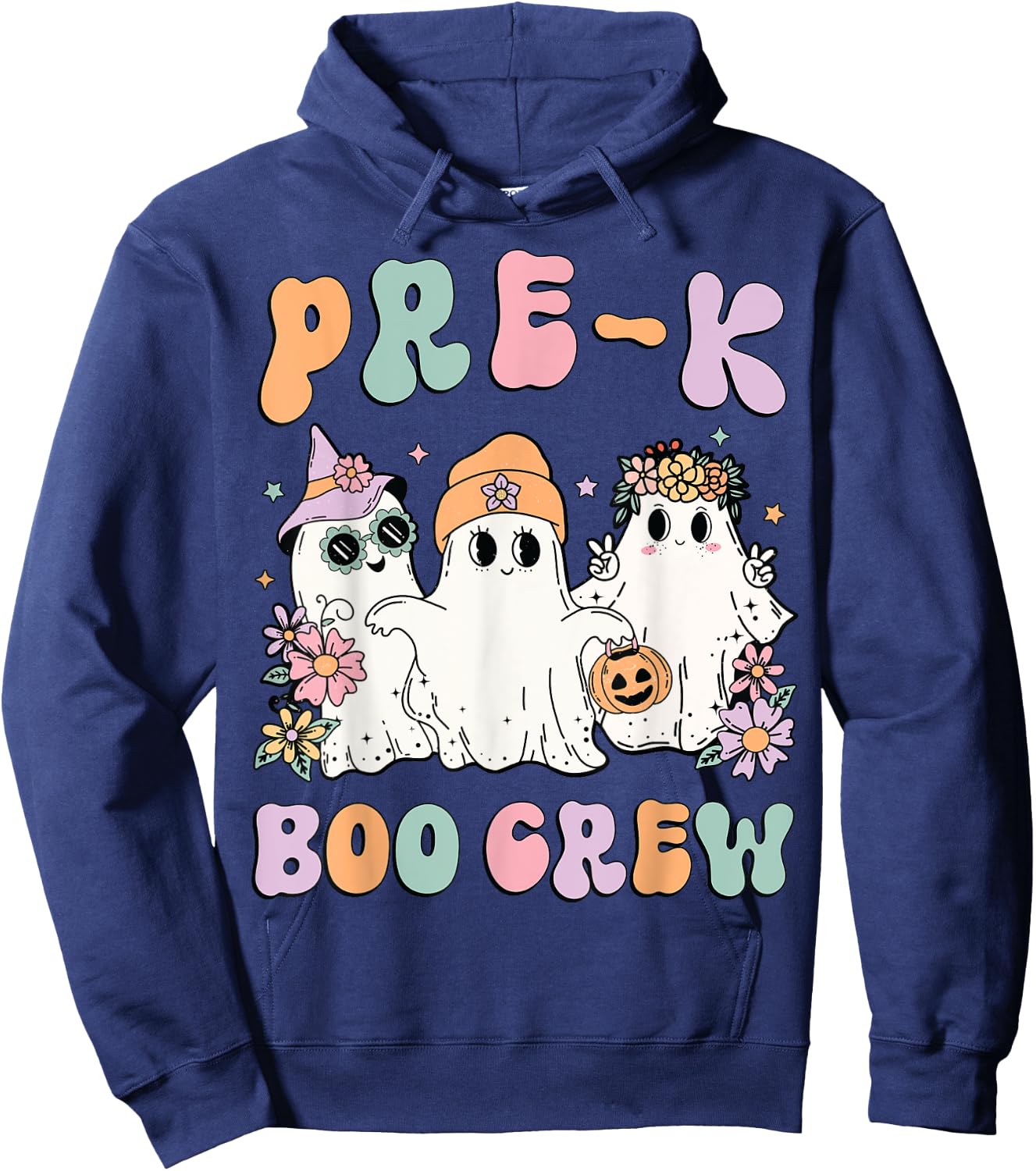Pre-K Boo Crew Groovy Halloween Floral Ghost Pre K Teacher Men Women Kids Hoodie - Hoodie | Navy