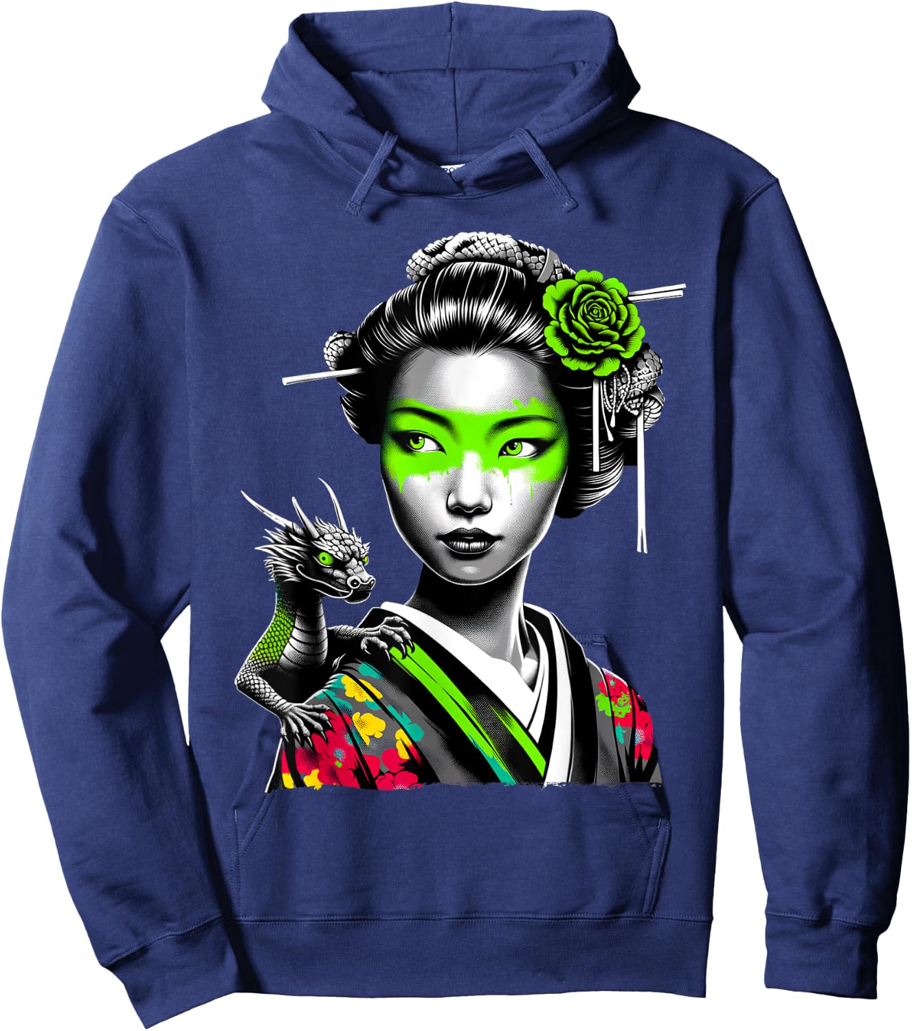 Japanese Girl and Dragon Animal Urban Art Aesthetic Graphic Hoodie - Hoodie | Navy
