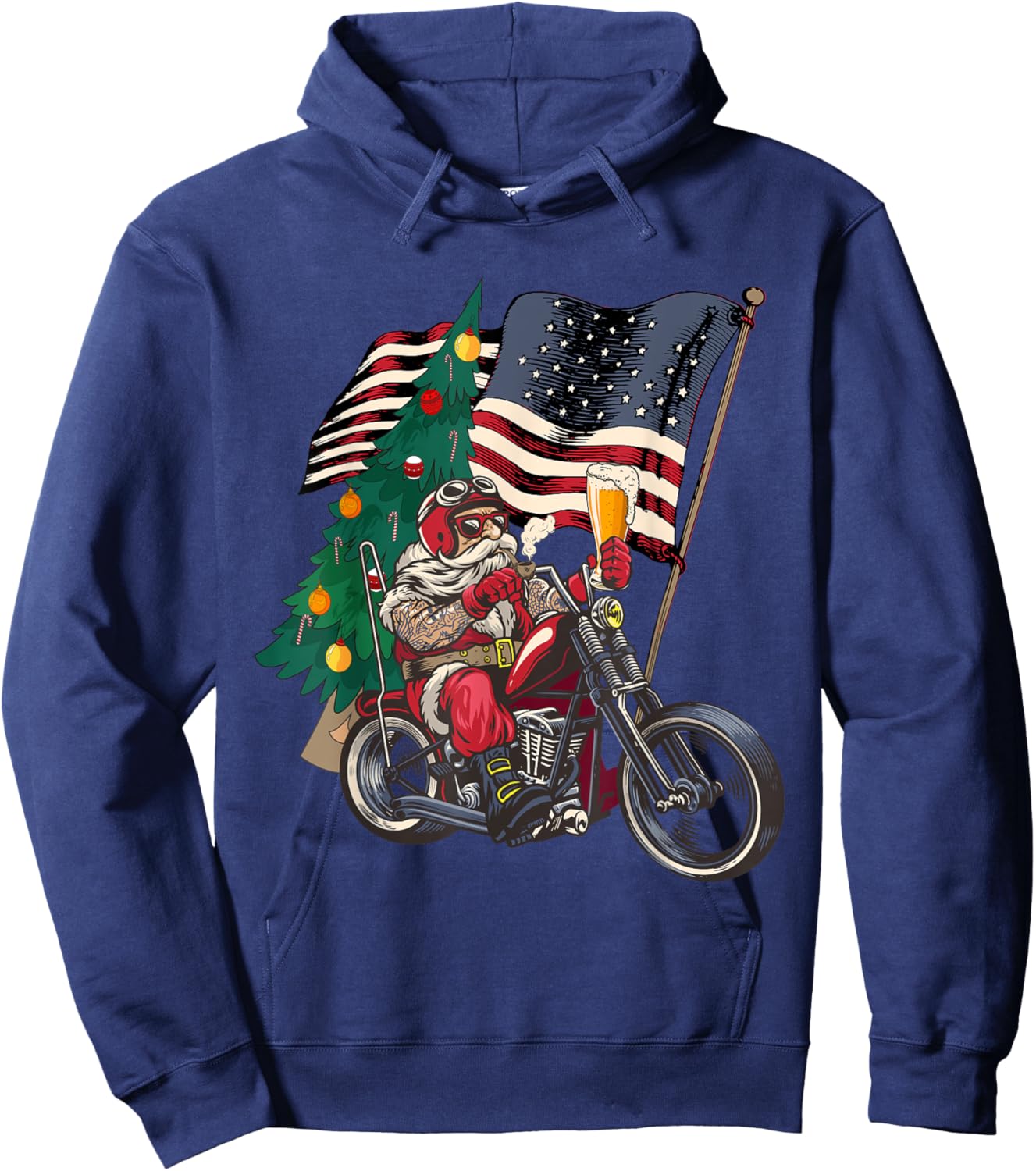 Santa Riding Motorcycle on Christmas - Biker US Flag Hoodie - Hoodie | Navy