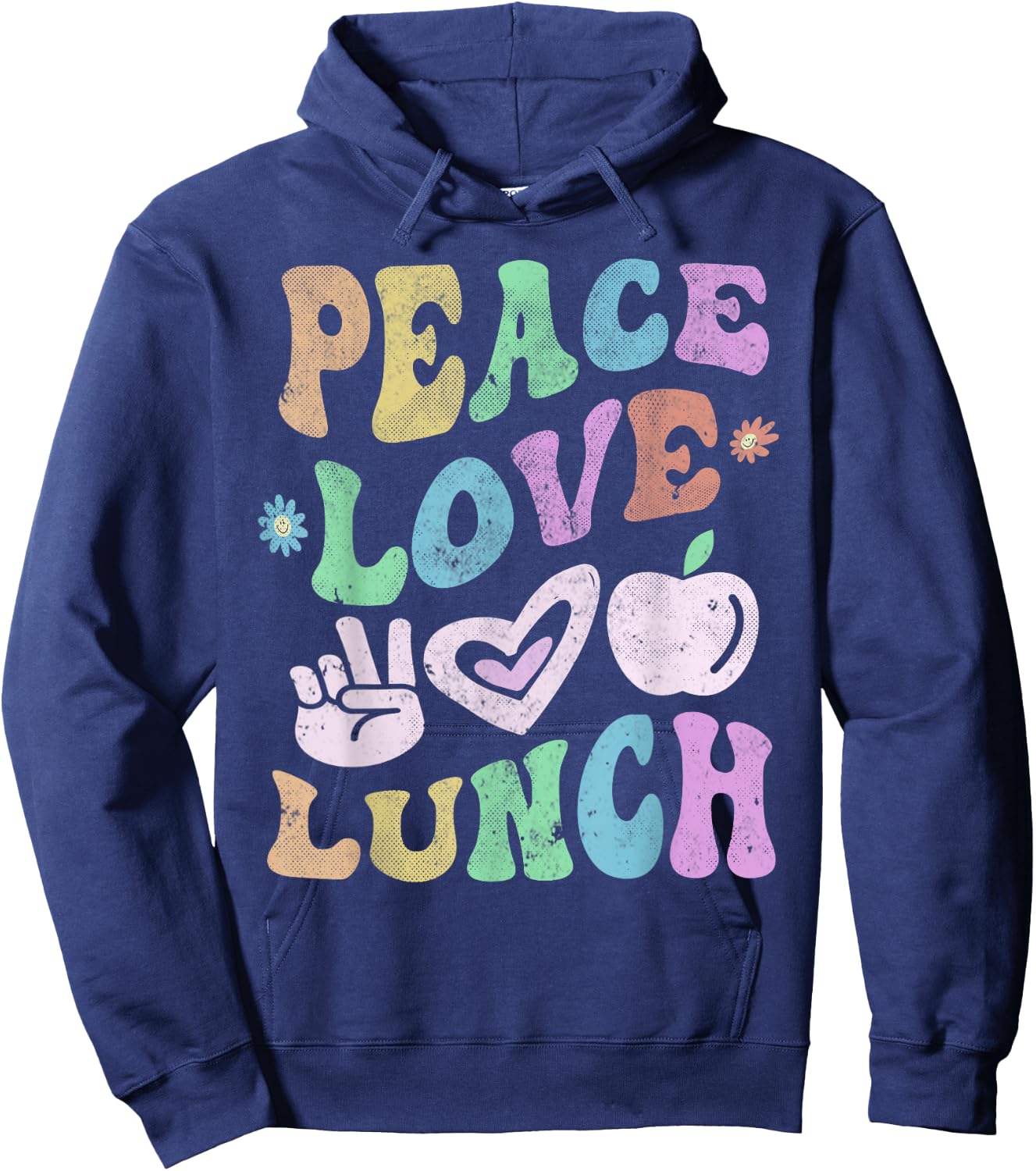 Vintage PEACE LOVE LUNCH LADY Retro Cafeteria Groovy Crew Hoodie - Hoodie | Navy