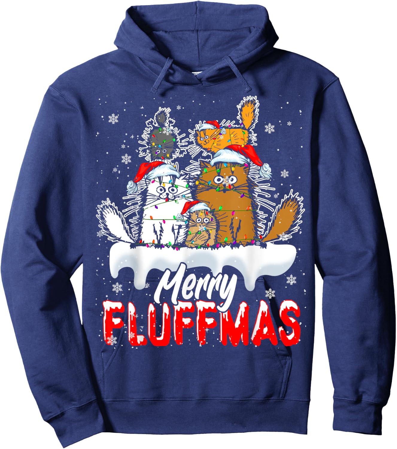 Merry Fluffmas Funny Christmas Lights Santa Cat Kitten Lover Hoodie - Hoodie | Navy