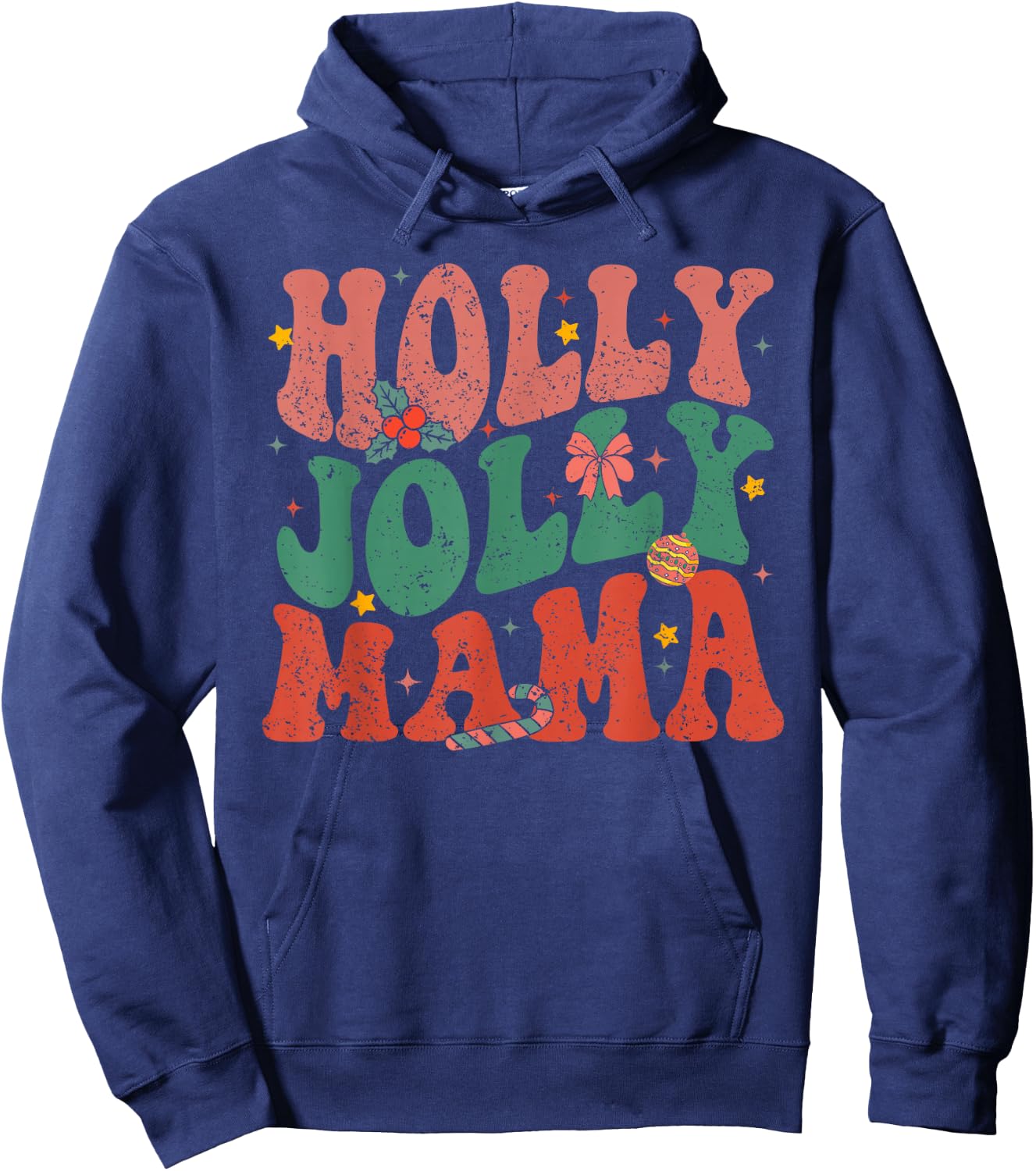 Retro Holly Christmas Jolly Mama, Merry Christmas Holiday Hoodie - Hoodie | Navy