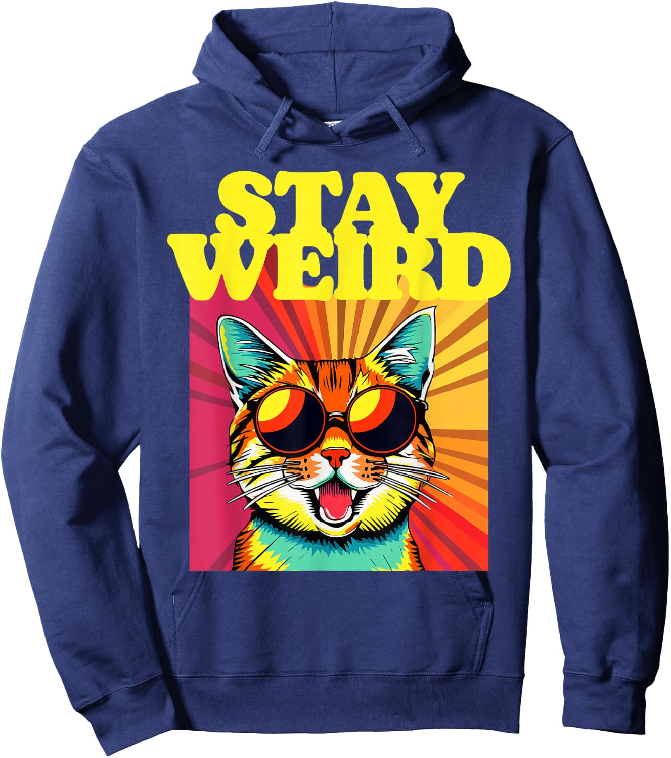 Stay Weird Awesome 80s Abstract Art Cool Cat Hoodie - Hoodie | Navy