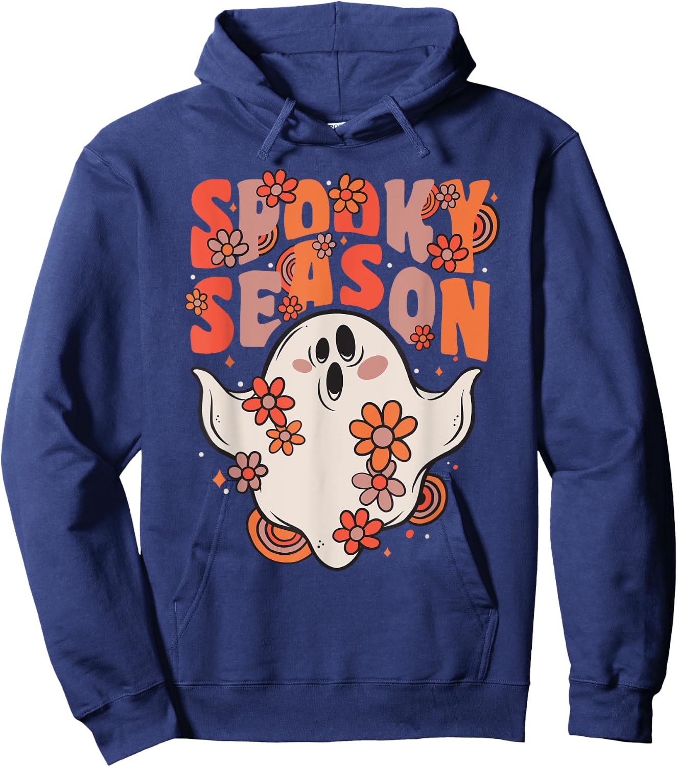 Spooky Season Groovy Ghost With Vintage Flowers Halloween Hoodie - Hoodie | Navy