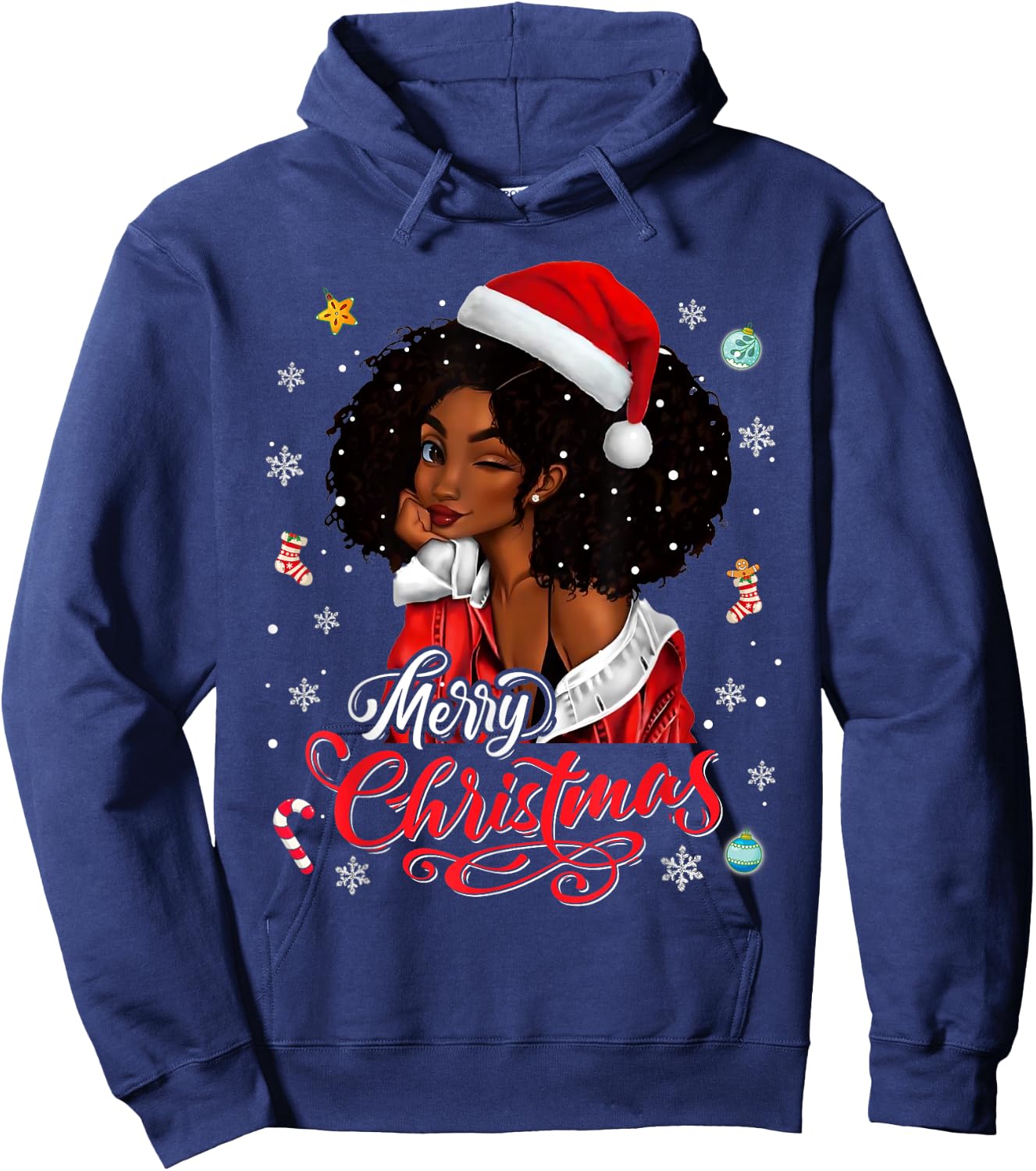 Merry Christmas Black Queen Girl African Santa Melanin Women Hoodie - Hoodie | Navy