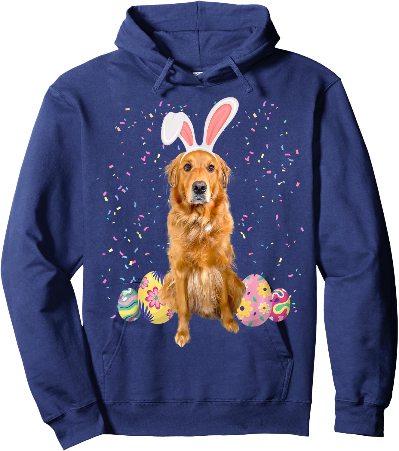 Cute Easter Golden Retriever With Easter Bunny Ears & Eggs Hoodie - Hoodie | Navy