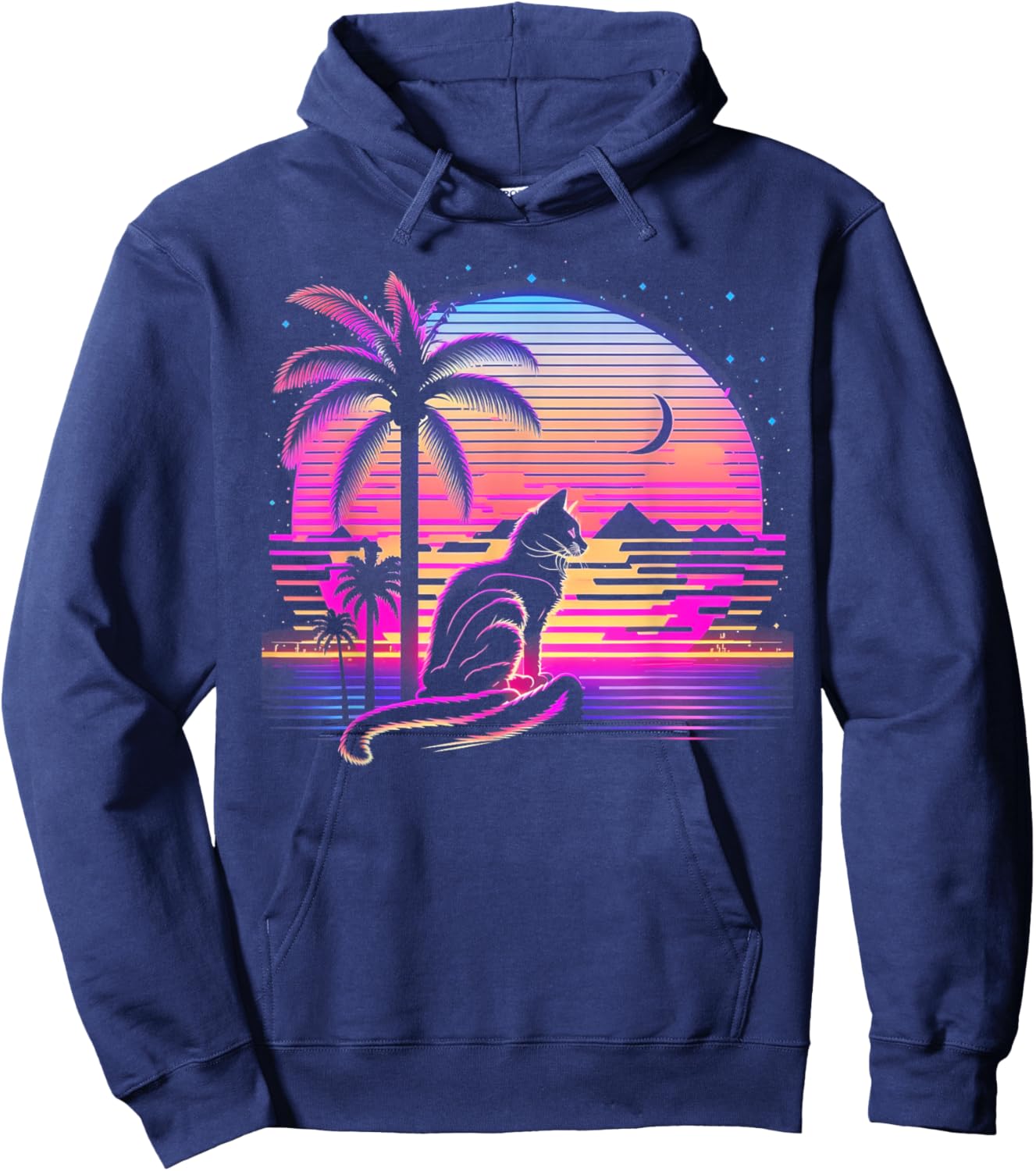 Cat Vaporwave Retrowave Aesthetic Synthwave 80s Palm Tree Men Women Kids Hoodie - Hoodie | Navy