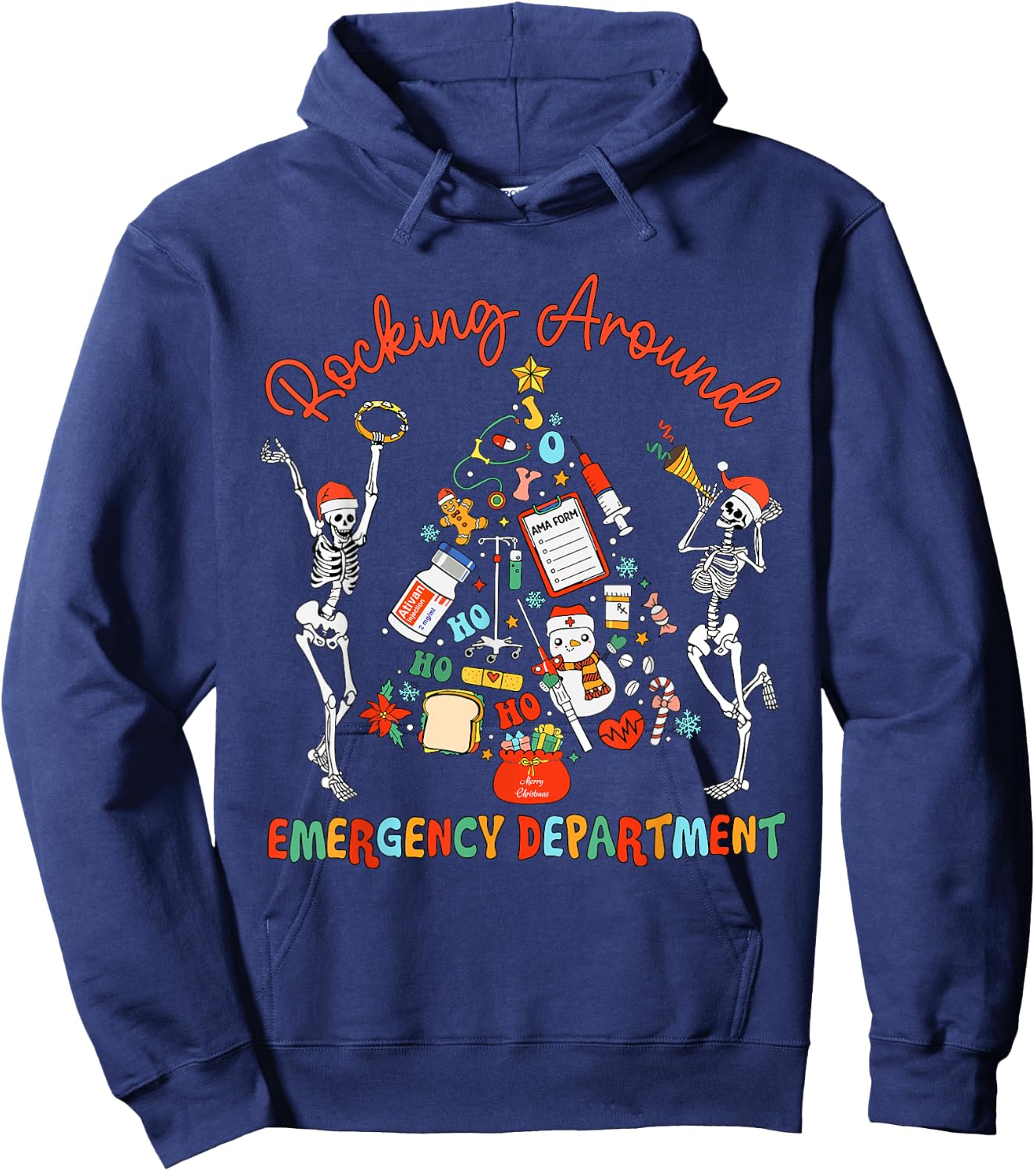 Emergency Department Nurse Rocking Around Skeleton Christmas Hoodie - Hoodie | Navy