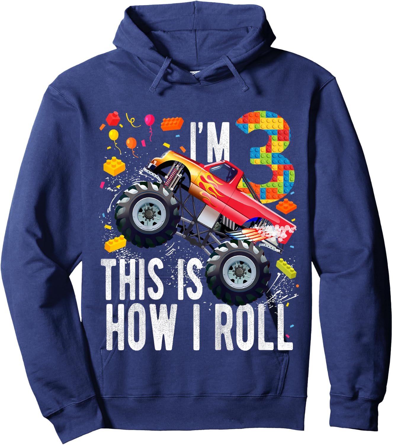 Kids 3 Year Old Building Blocks Monster Truck 3rd Birthday Boy Hoodie - Hoodie | Navy