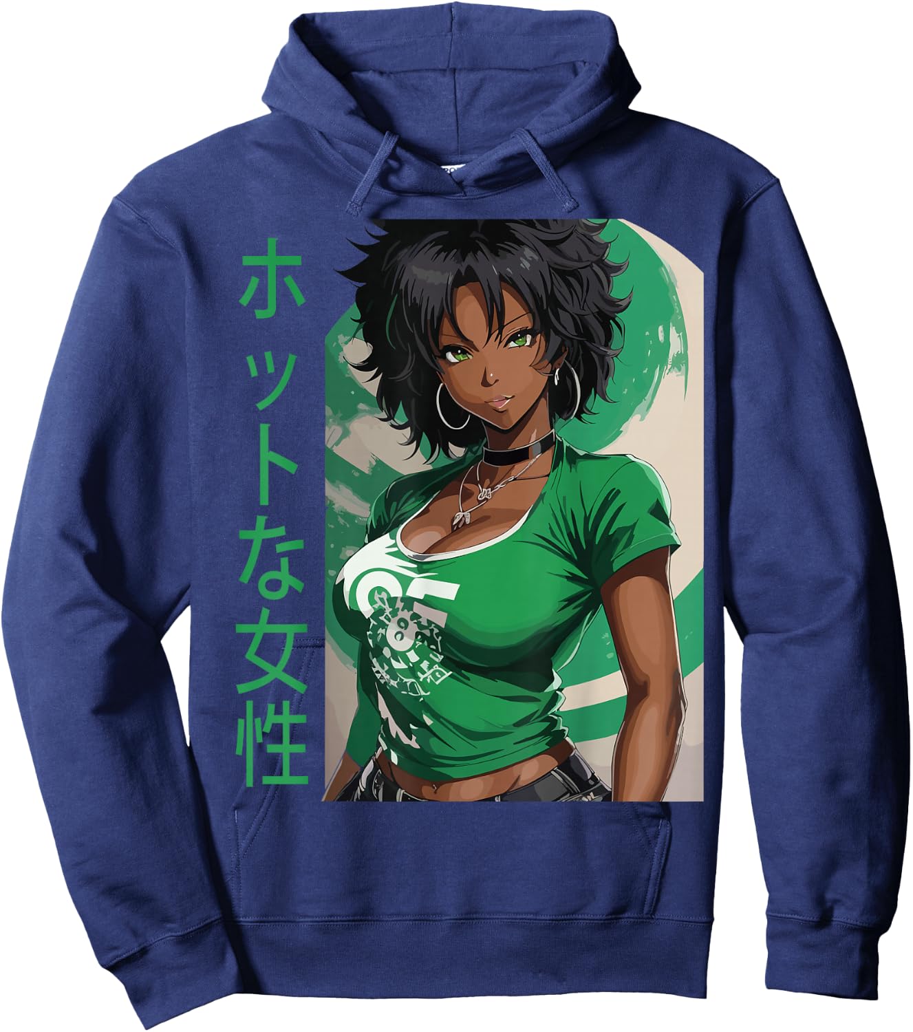Black Anime Girl Kawaii Waifu Aesthetic Japanese Woman Hoodie - Hoodie | Navy
