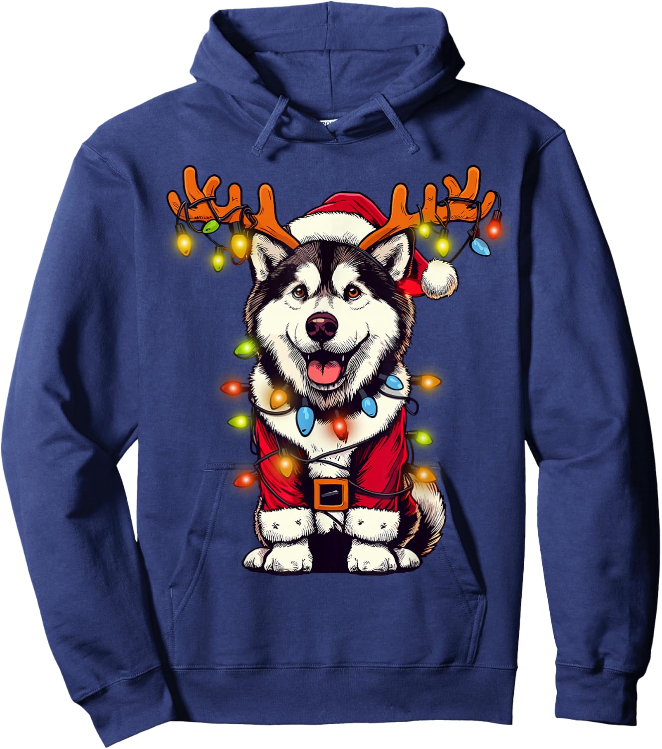 Funny Siberian Husky Christmas Tree Lights, Santa Dog Hoodie - Hoodie | Navy