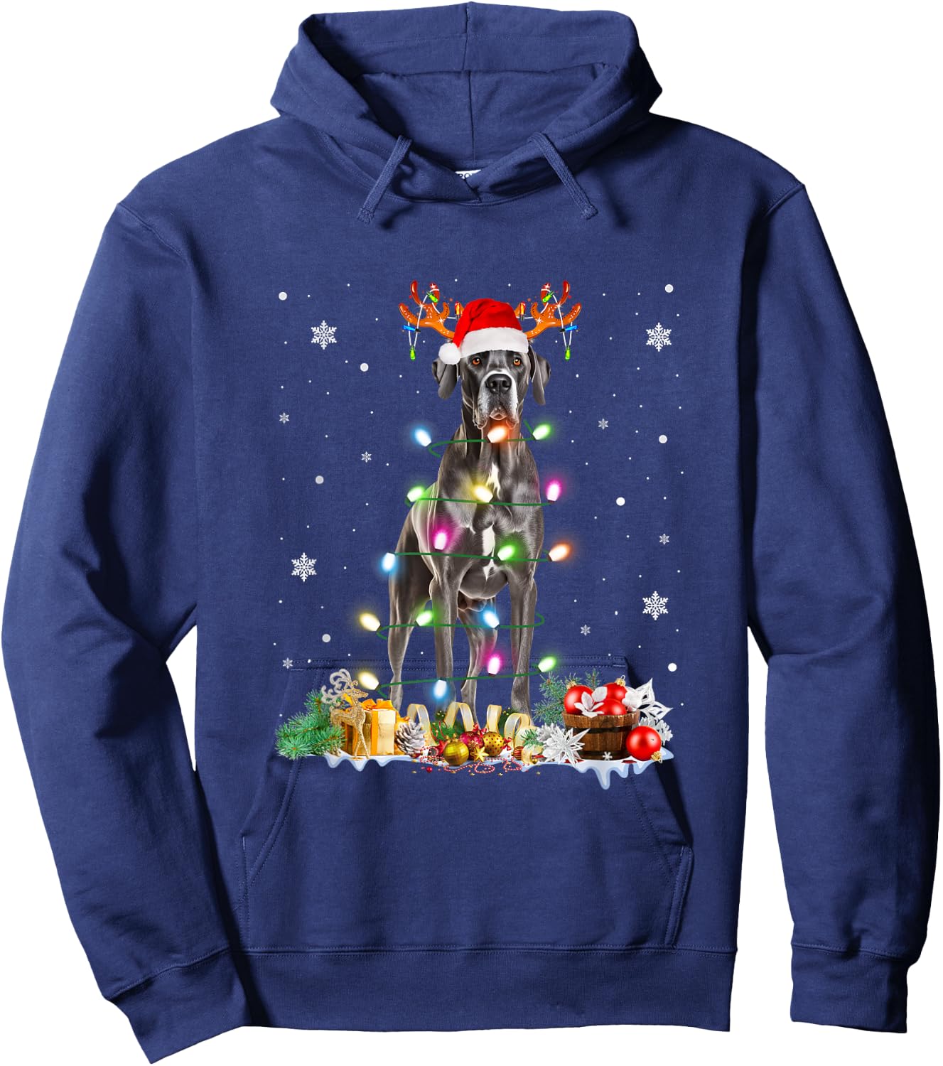 Great Dane Christmas Santa Hat Fairy Lights Pajama Dog Lover Men Women Kids Hoodie - Hoodie | Navy