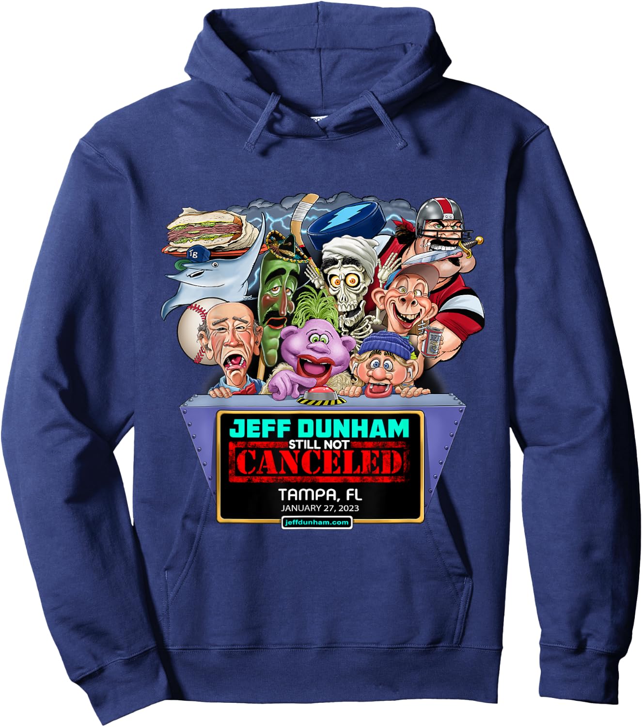 Jeff Dunham Black Cartoon , -Adults/Kids, Small, Short Sleeve, Classic Fit, Modern Style, Limited Edition Design, Jeff Dunham Tampa, FL (2023) Hoodie - Hoodie | Navy