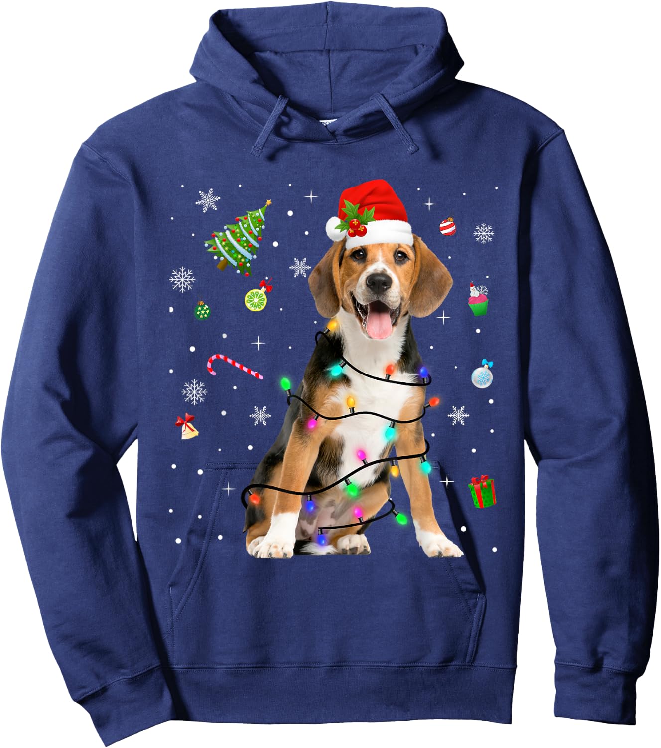 Beagle Dog Christmas Lights Santa Hat Dog Dad Mom Women Kids Hoodie - Hoodie | Navy