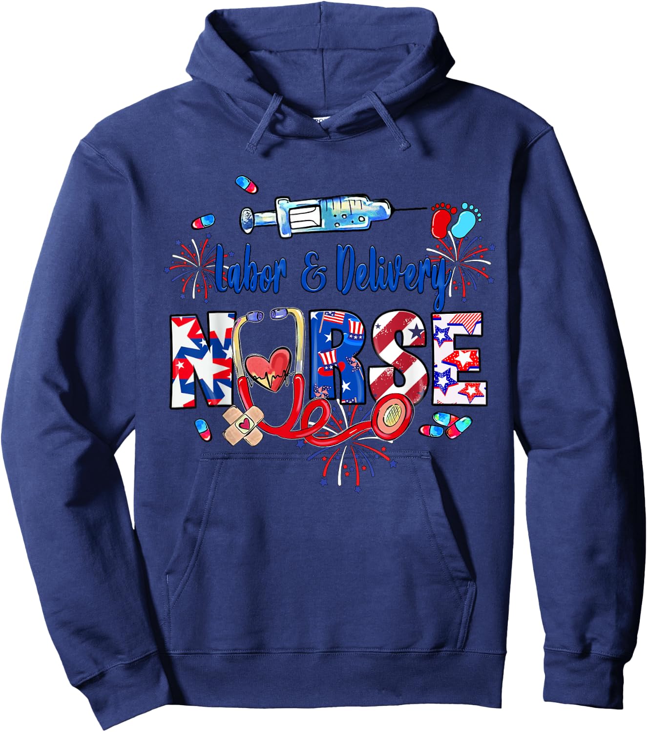 Labor & Delivery Nurse American Flag Patriotic 4th Of July Men Hoodie - Hoodie | Navy