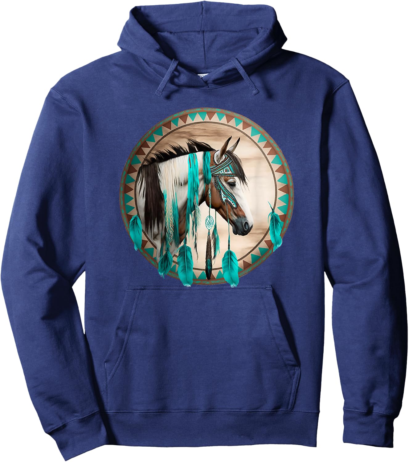 Western Horse Tribal Turquoise Stripe Design Hoodie - Hoodie | Navy