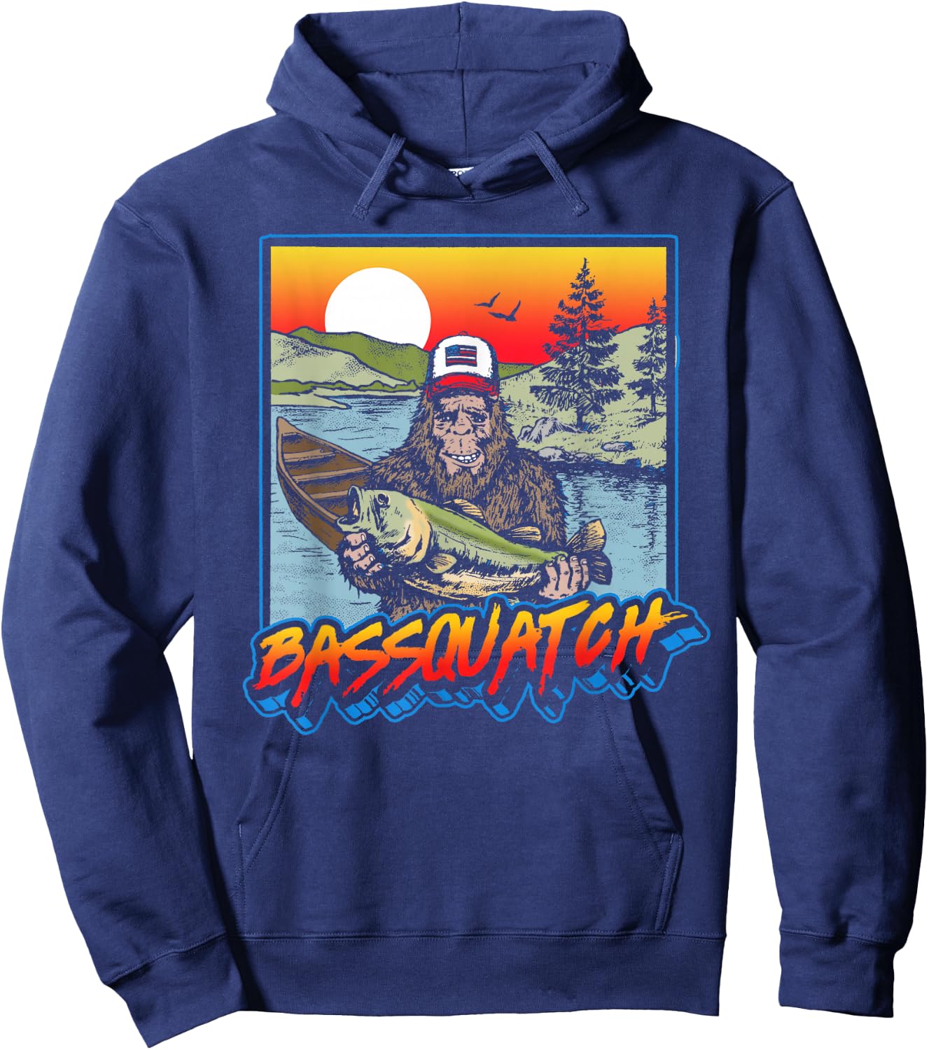 Bassquatch! Funny Bass Fishing Sasquatch Retro 80s Hoodie - Hoodie | Navy