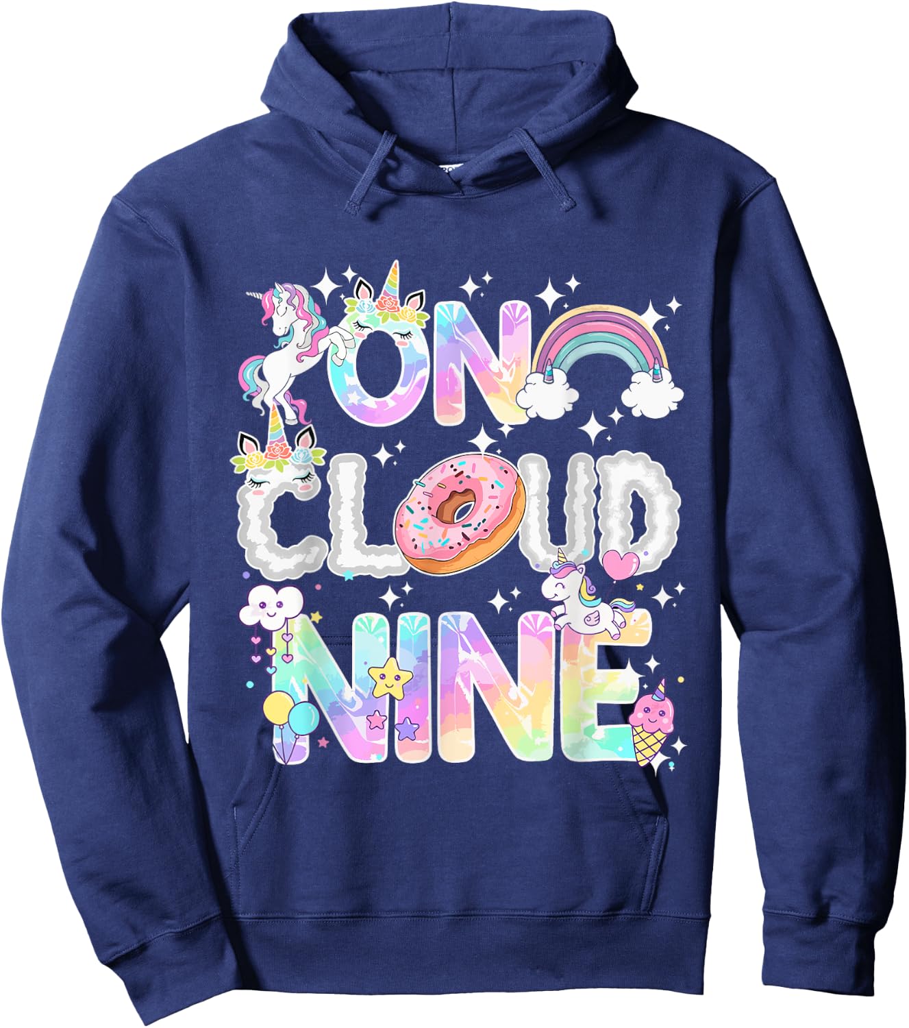 On Cloud Nine Unicorn Donut Birthday Shirt, 9th Birthday Hoodie - Hoodie | Navy