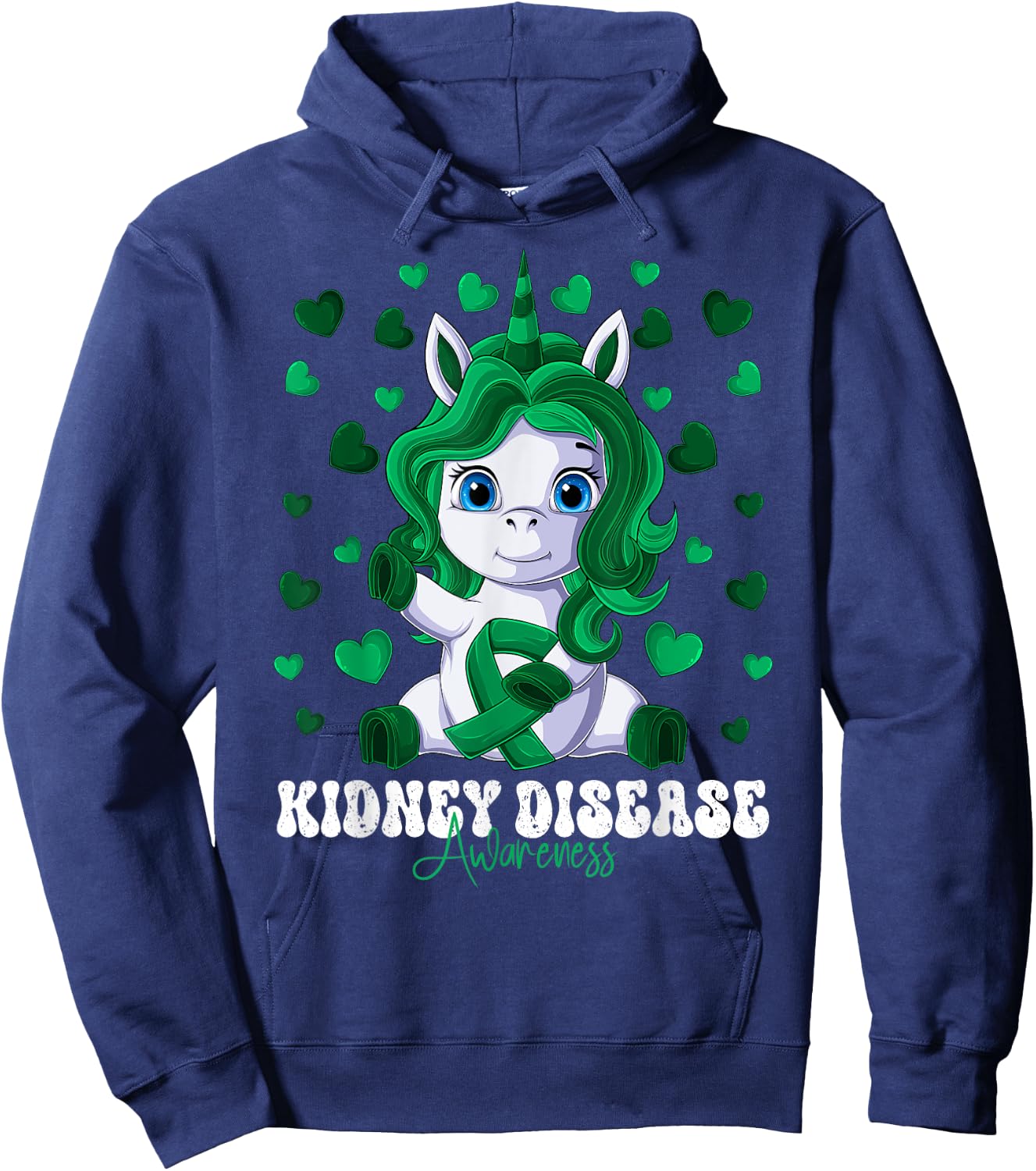 Kidney Disease Awareness Month Green Ribbon Unicorn Hoodie - Hoodie | Navy