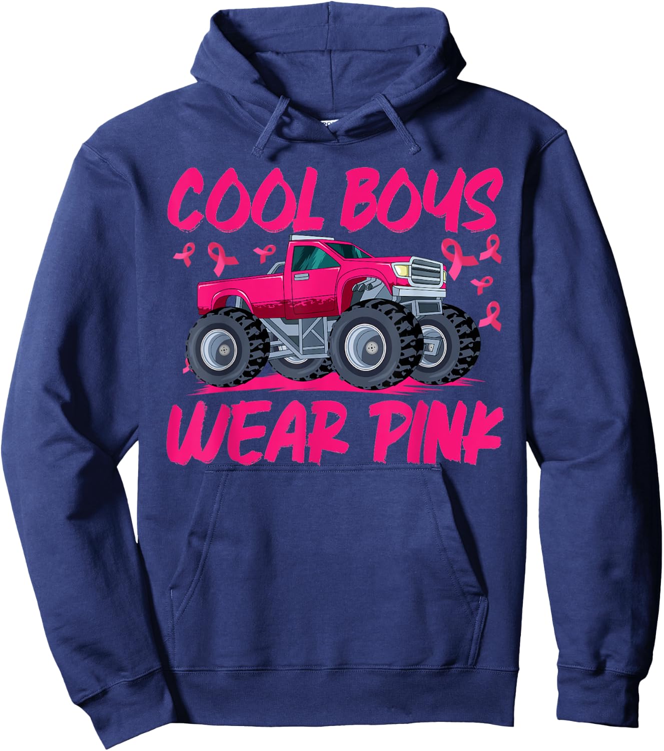 Monster Truck Breast Cancer Awareness Cool Boys Wear Pink Hoodie - Hoodie | Navy