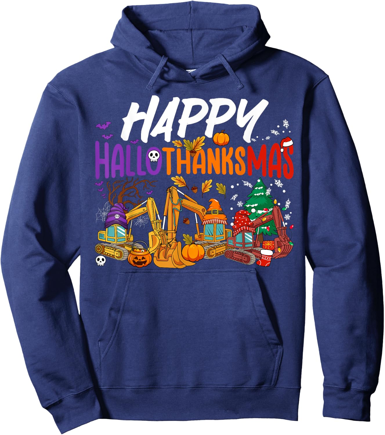 HalloThanksMas Halloween Thanksgiving Christmas Excavator Hoodie - Hoodie | Navy