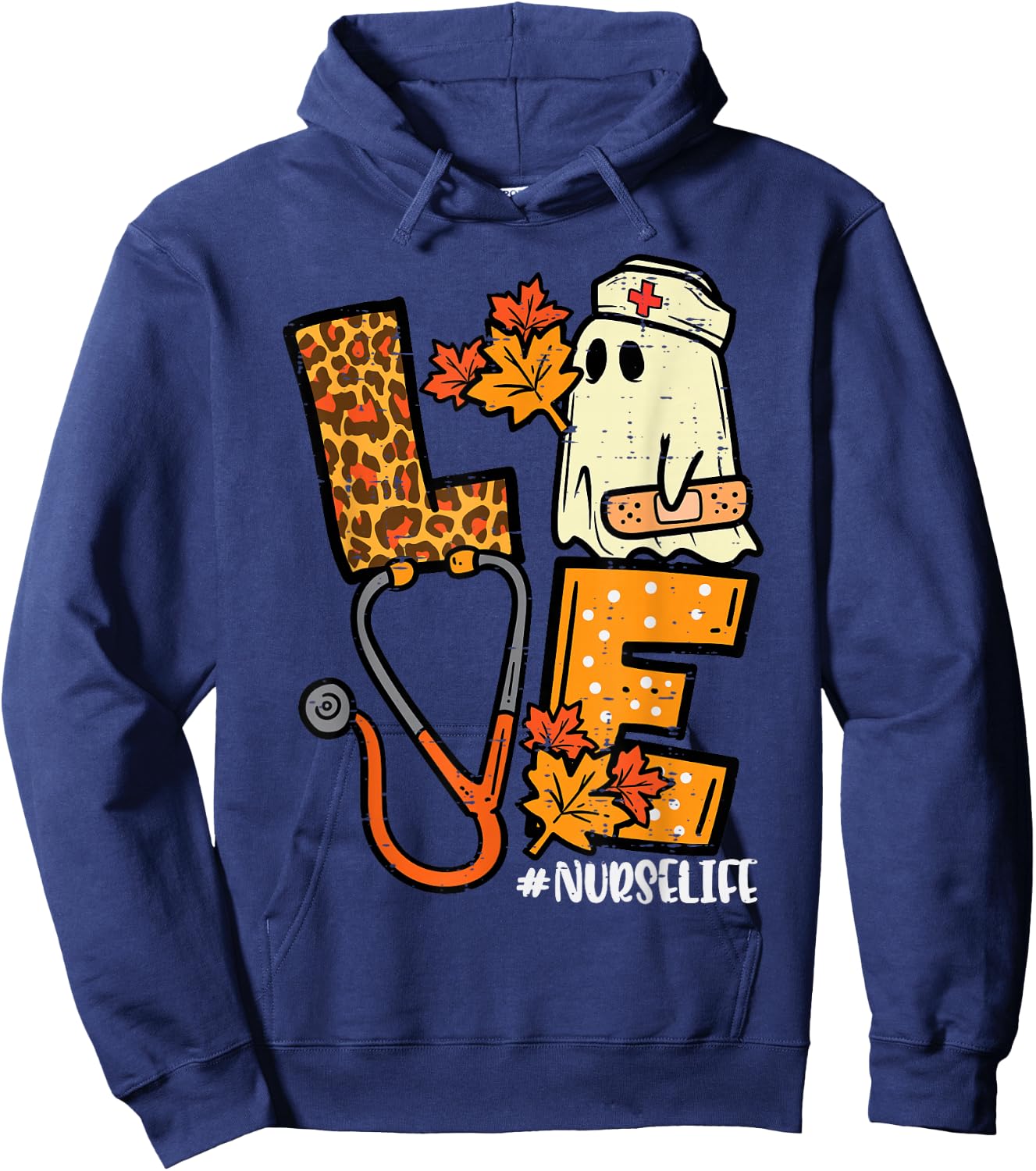 Leopard Ghost Nurse Halloween Costume Fall Scrub Top Women Hoodie - Hoodie | Navy